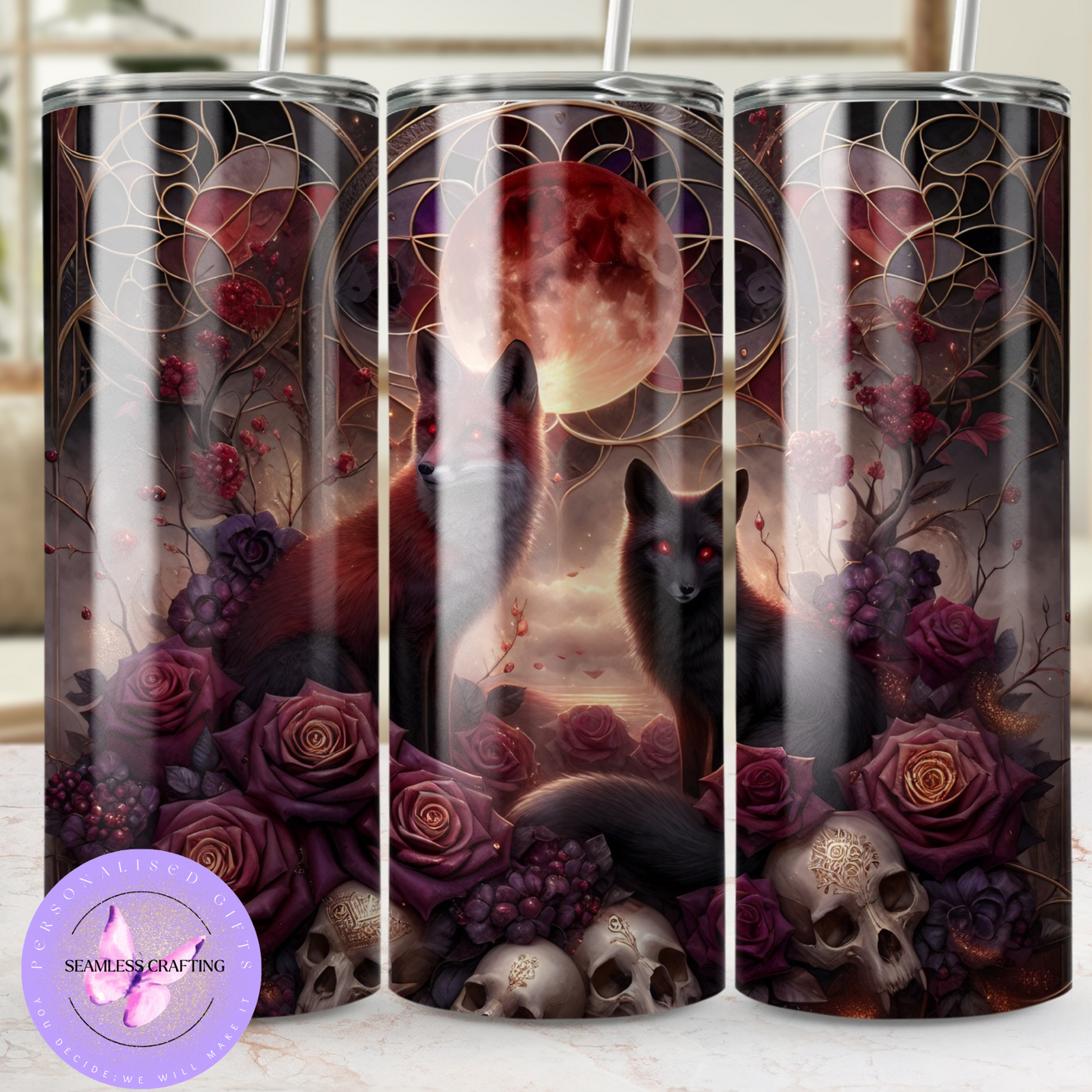 Mystical Fox & Blood Moon 20oz Stainless Steel Tumbler – Gothic Dark Fantasy Travel Cup with Lid & Straw