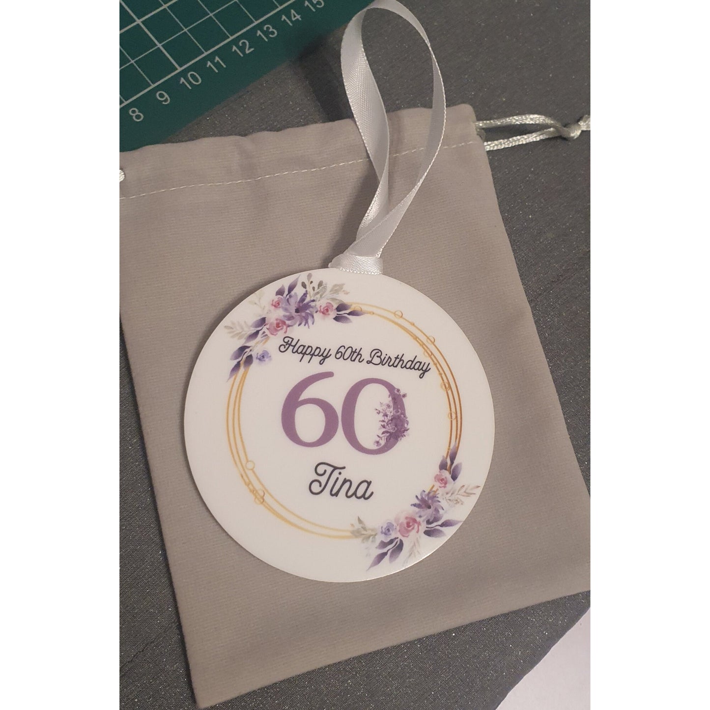 Personalised Milestone Birthday Hanging Acrylic ornament, Any age Purple flowers Plague, Gift For Her, 18th, 50th, 60th Birthday Keepsake