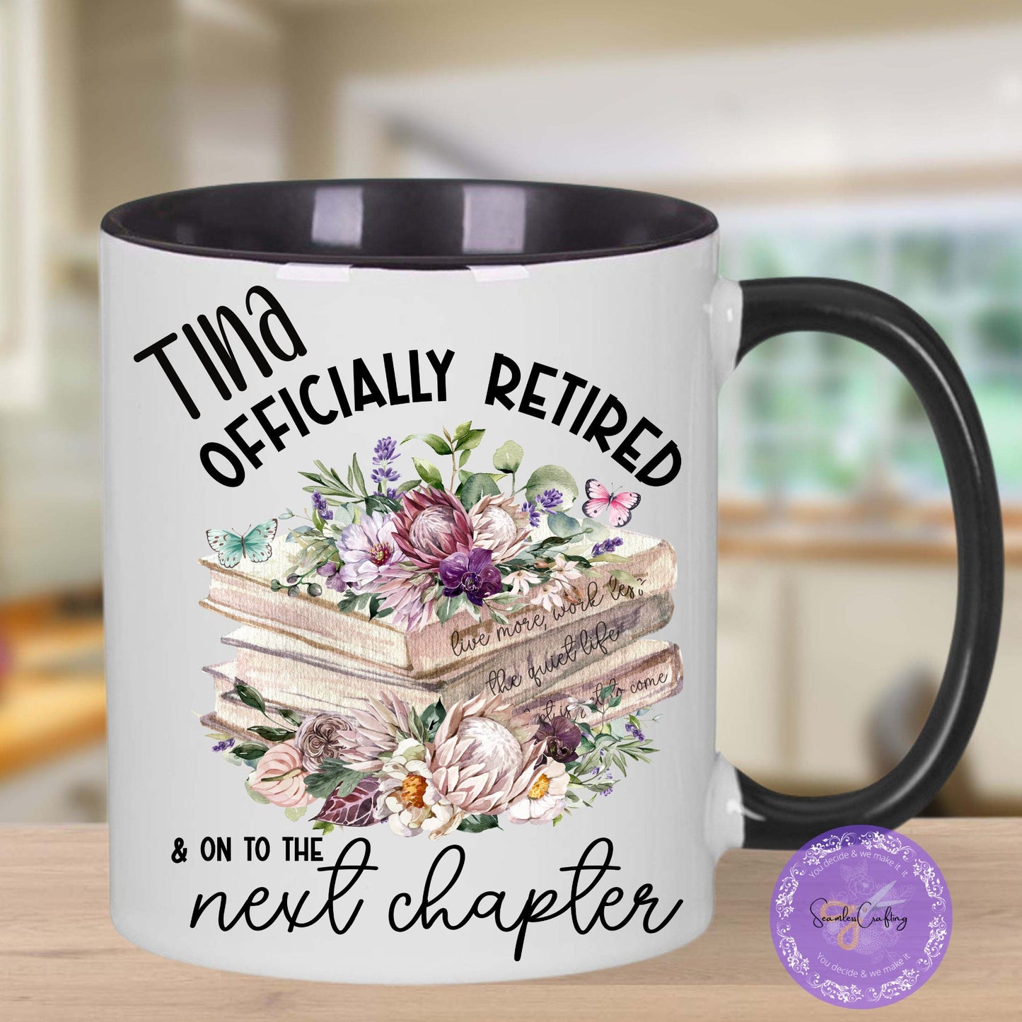 Personalised Officially Retired Retirement mug, Novelty mug, Retiree coffee mug, Officially retired & on to the next chapter, Stack of books