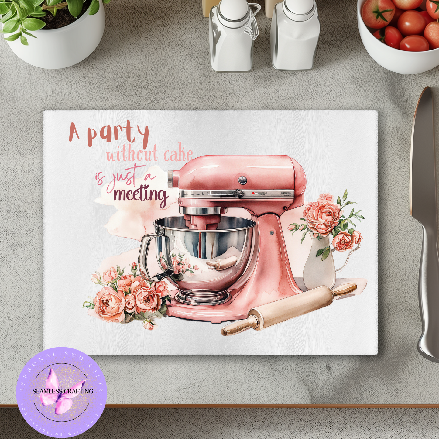 Personalised Glass Chopping Board – Cake Mixer Design | Tempered Glass Cutting Board Gift (20x28cm or 28x38cm)