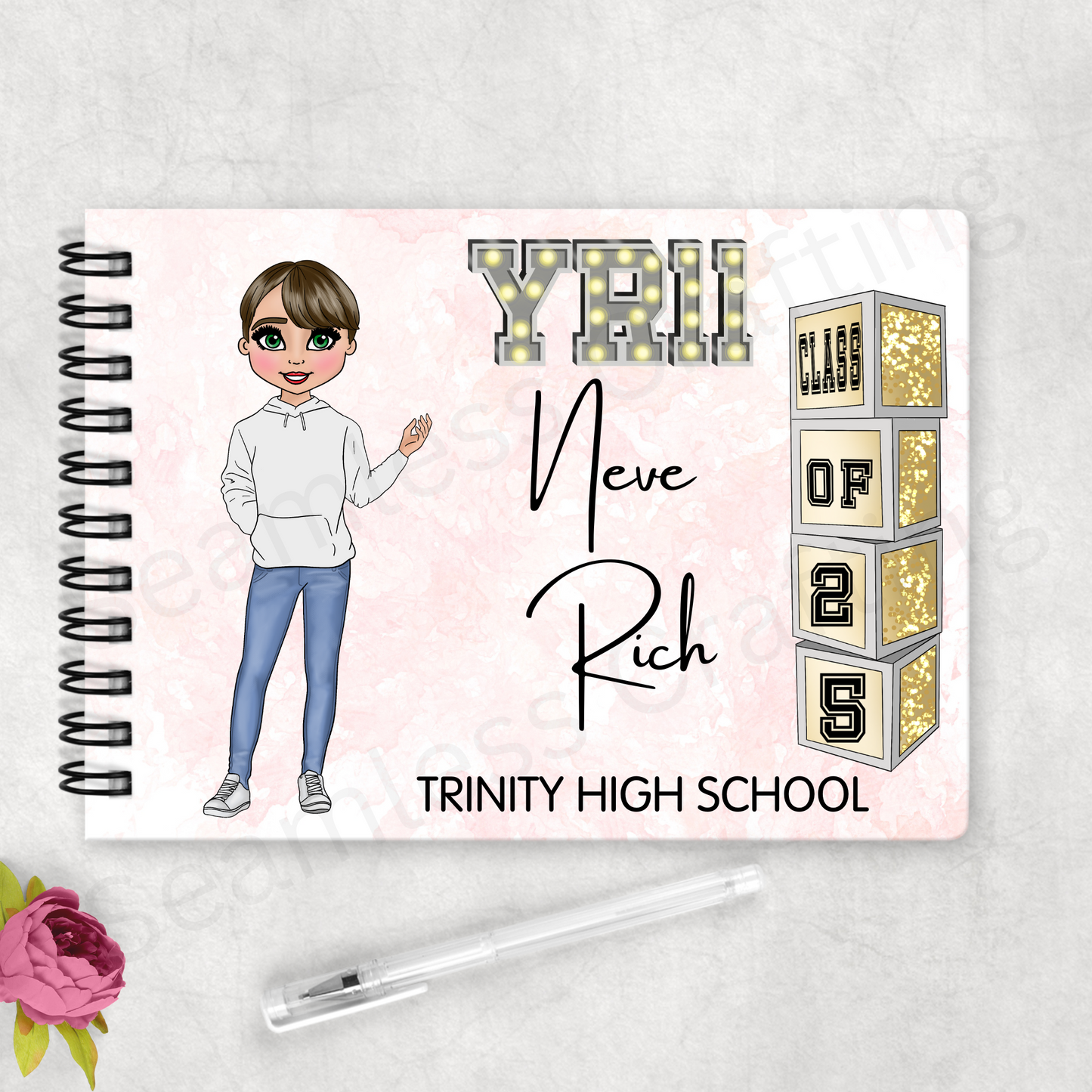 Personalised School Leavers Book – Front Character View | Custom Name, Year & School Memory Autograph Book for Year 11 or Year 6