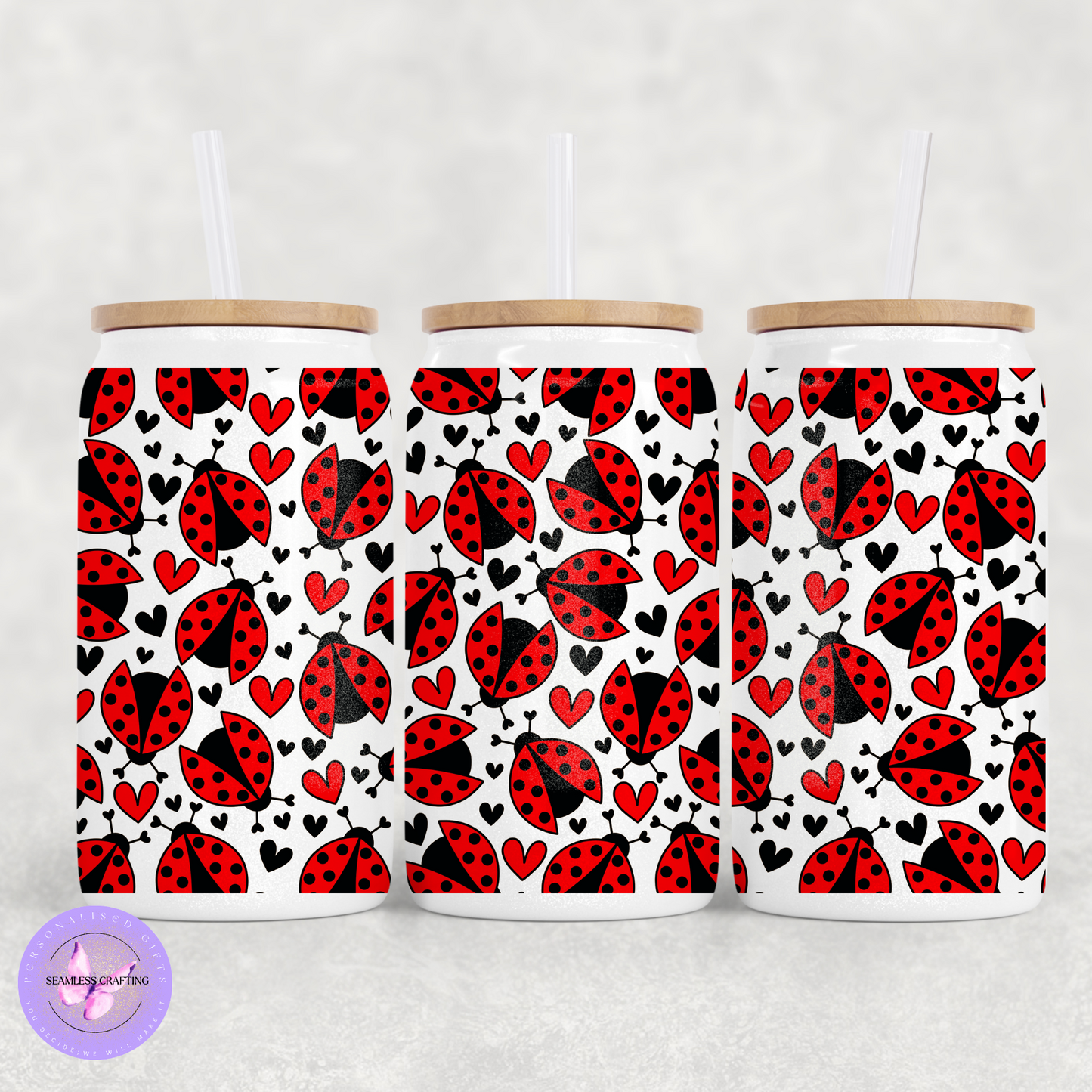 Personalised Ladybug Shimmer Glass Can Tumbler – 16oz with Bamboo Lid & Straw – Custom Name – Red or Pink Ladybug Design – Cute Gift for Her
