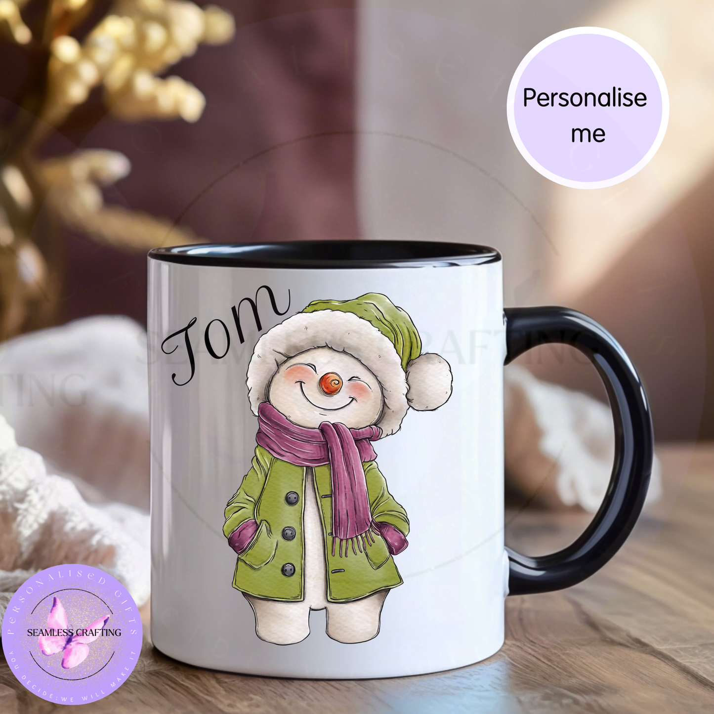 Personalised black-handle snowman mug with the name Chloe and an aqua winter outfit