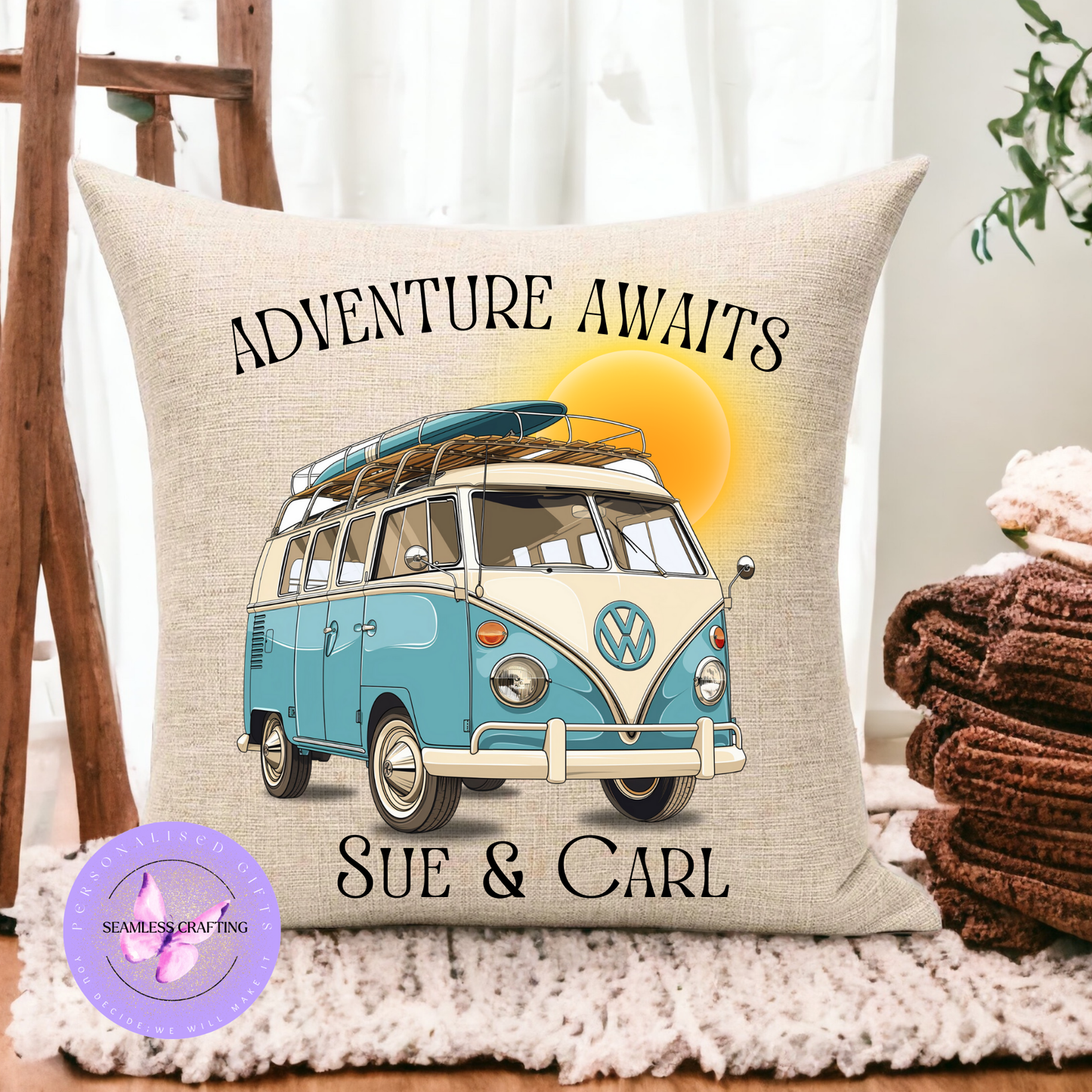 Personalised Camper Van Cushion | Adventure Awaits Linen Pillow | Custom Travel Gift 40x40cm