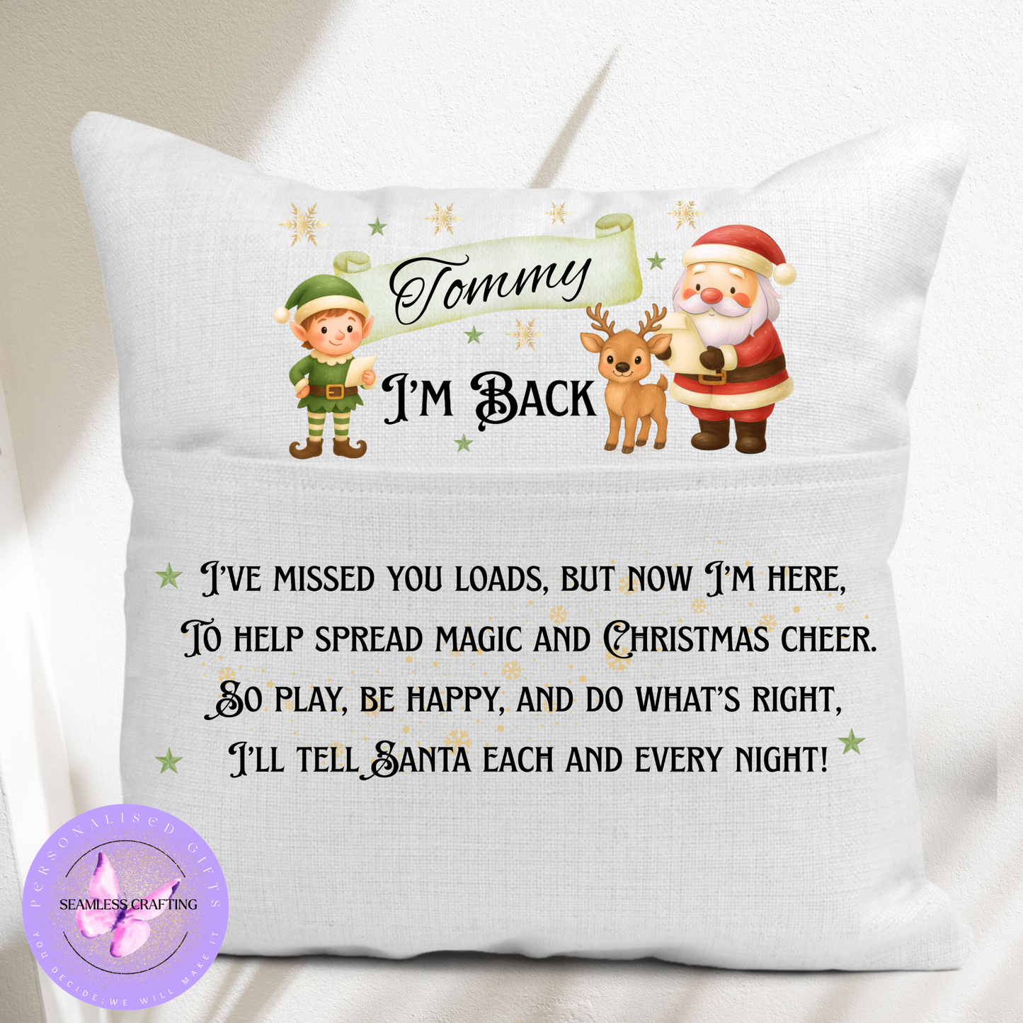Personalised “I’m Back” Christmas Elf Cushion – Custom Name Kids Cushion | Santa & Elf Return Pillow | Linen Canvas Cushion Cover 40x40cm