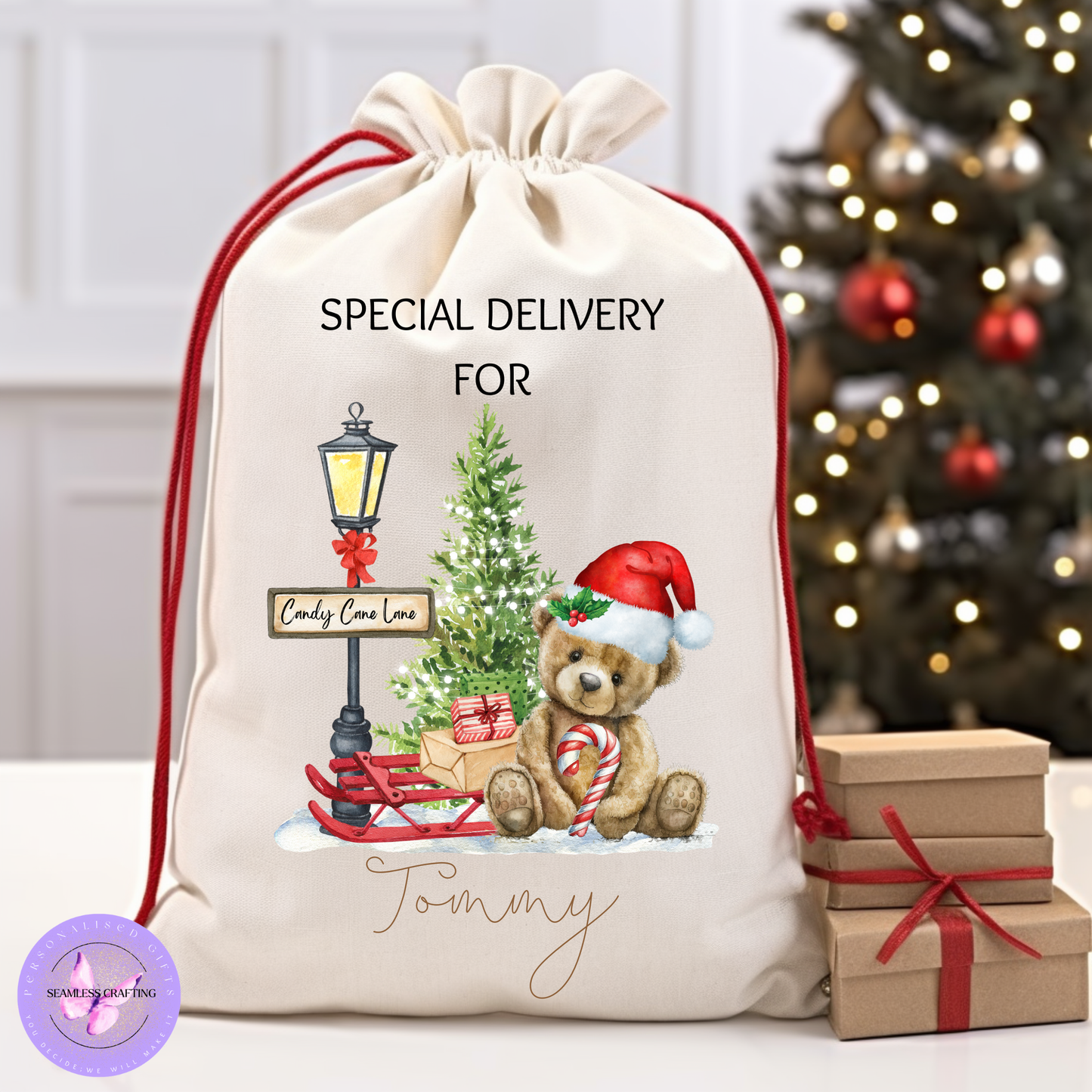 Personalised Teddy Bear Christmas Santa Sack – Candy Cane Lane Gift Bag with Custom Name