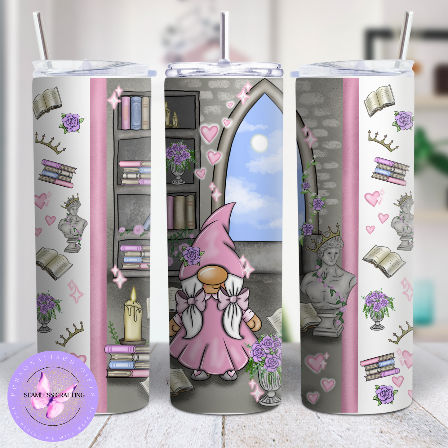 Custom Book Lover 20oz Tumbler – Pink Fantasy Gnome Design with Straw & Cleaner