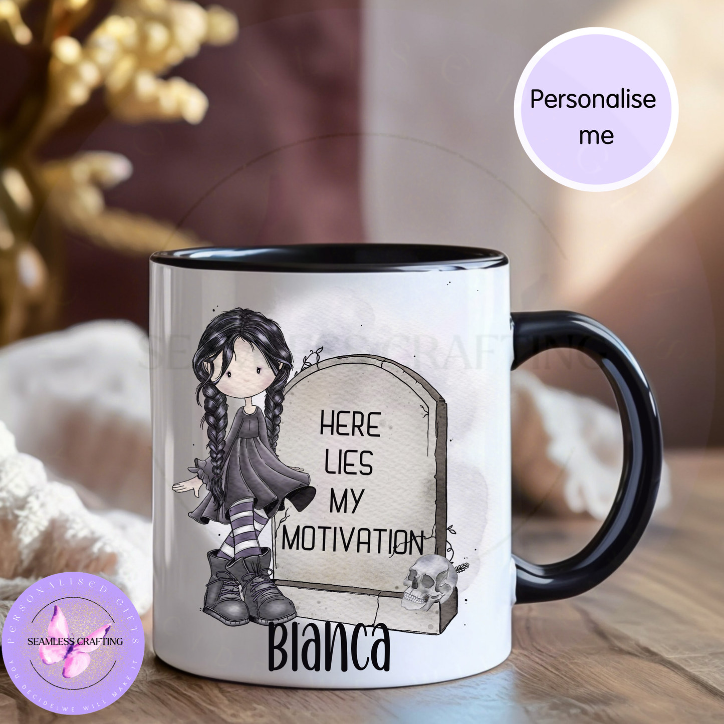 Personalised Gothic Girl Mug – Here Lies My Motivation Custom Name Mug
