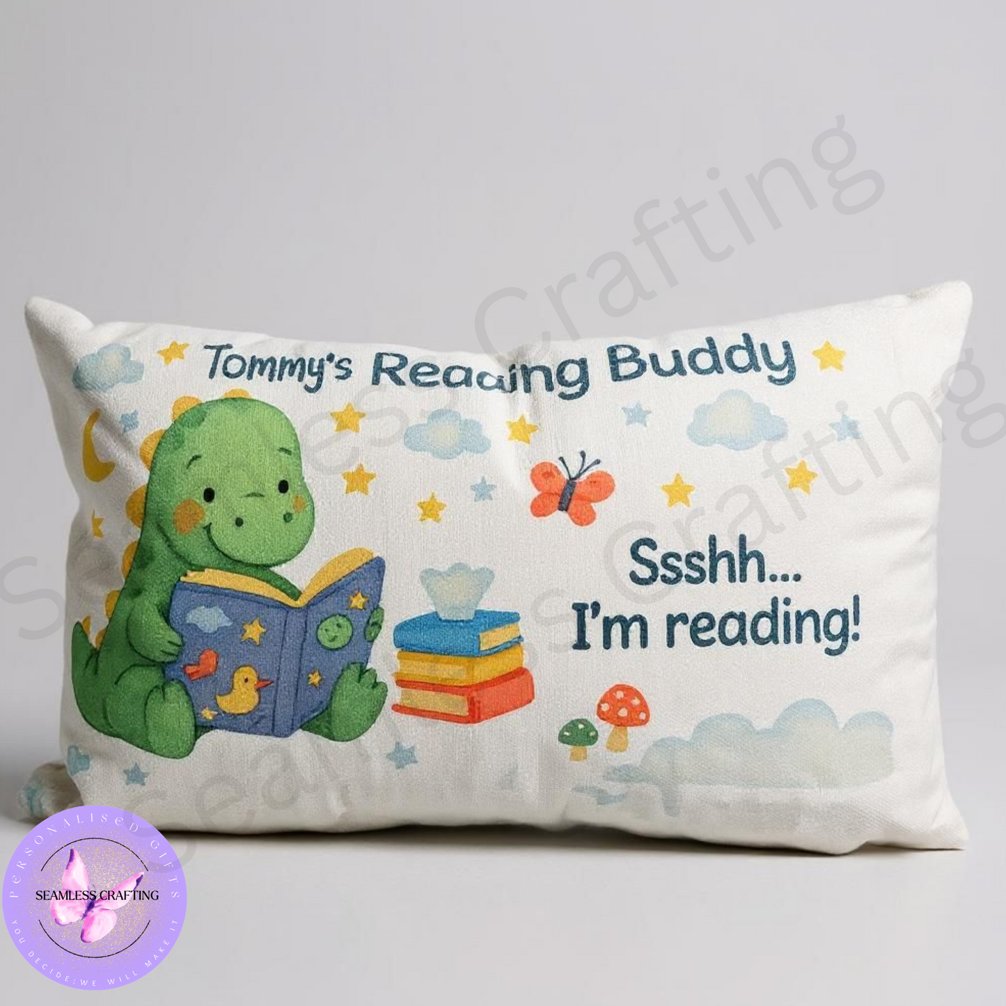 Personalized Reading Buddy Cushion | Custom Kids Pillow with Name | Dinosaur & Unicorn Design | 20x40 cm Canvas Storytime Gift