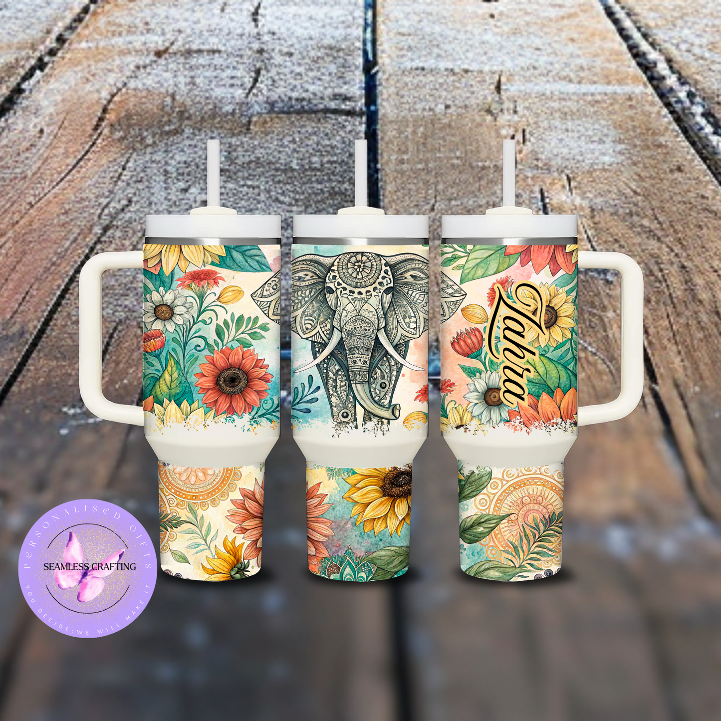 Personalised 40oz Mandala Elephant Tumbler with Handle & Straw – Floral Boho Travel Mug
