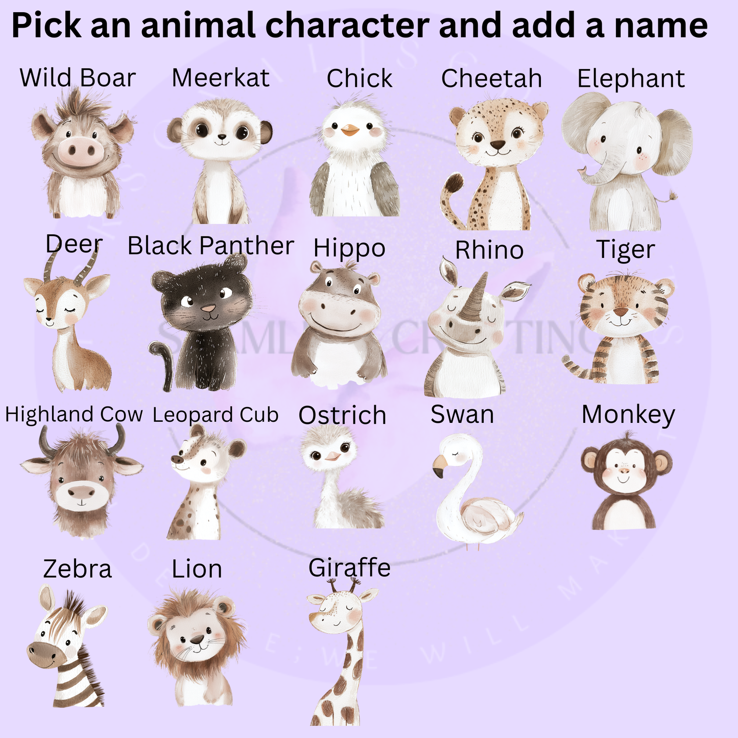 Choice of 18 animal characters for personalised children's animal mugs