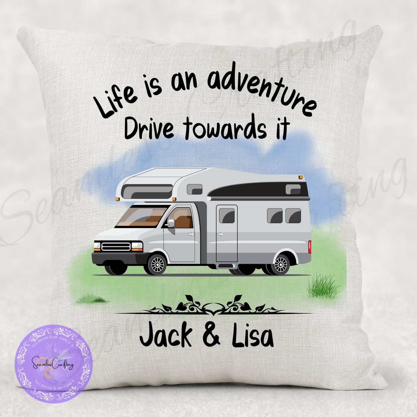 Personalised Motorhome Linen Cushion, add any text name, Campervan owners gifts, camping Pillow, Outdoor lovers present, First RV gift