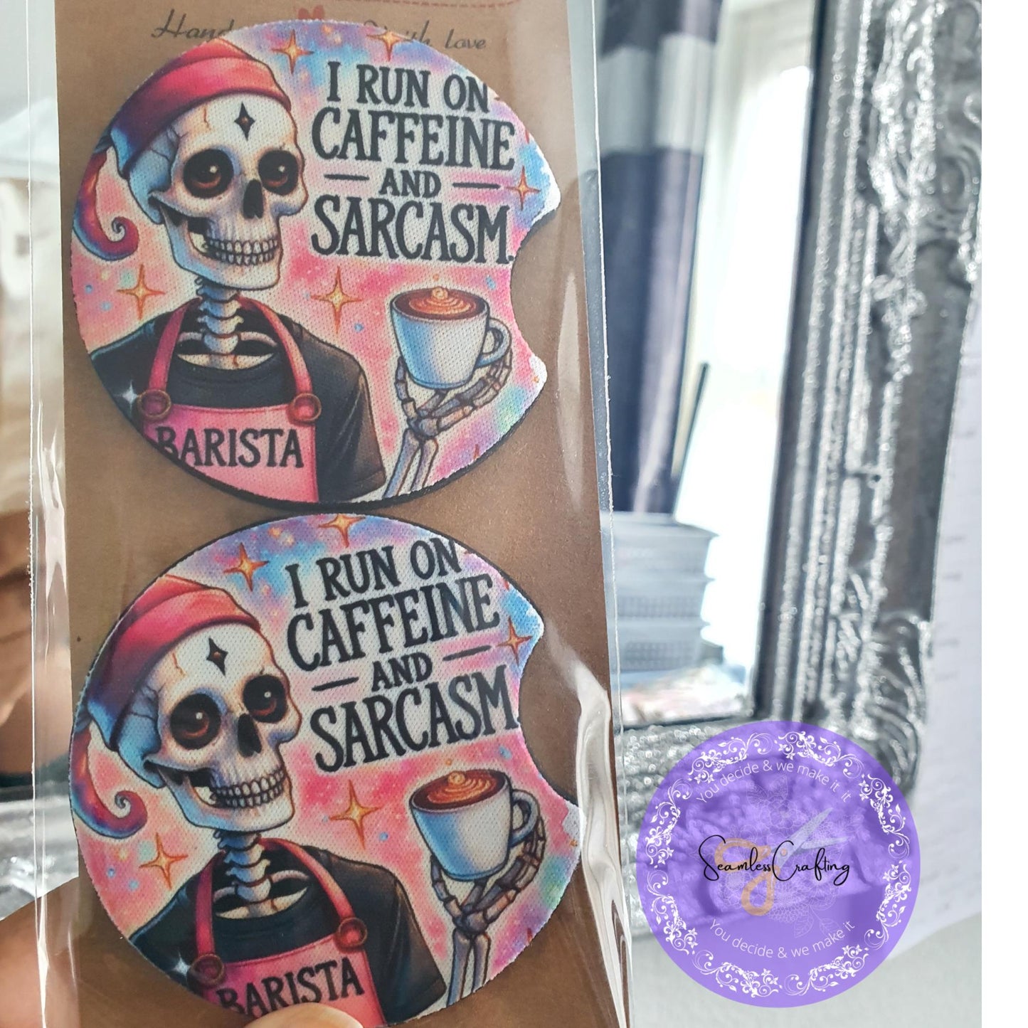 Custom made Car coaster, Car Accessory, Funny Pink Skull, Sarcasm Skull, Set of 2 coasters, I run on Caffeine & sarcasm quote, New Driver