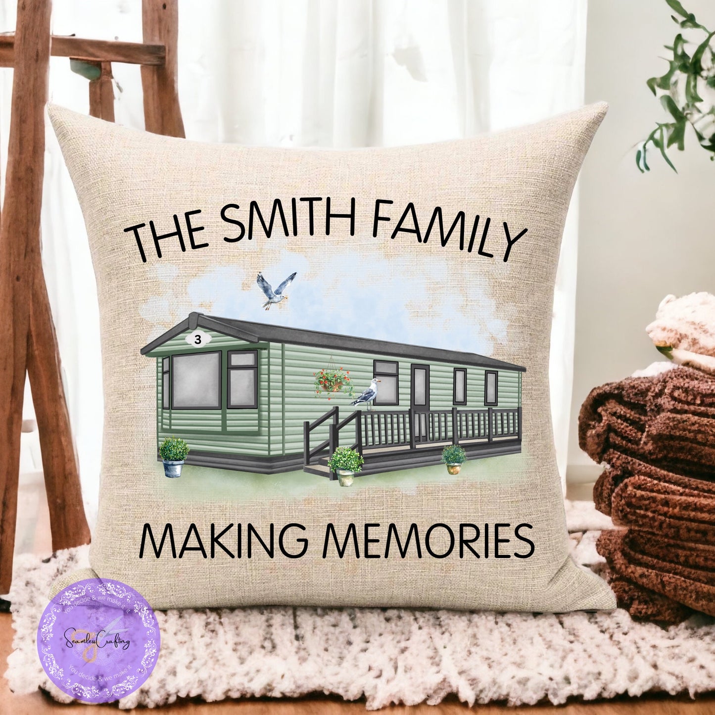 Personalised Static Caravan Linen Cushion gift, Custom any text & names, Campervan holiday gift, Static owners presents, New home decor