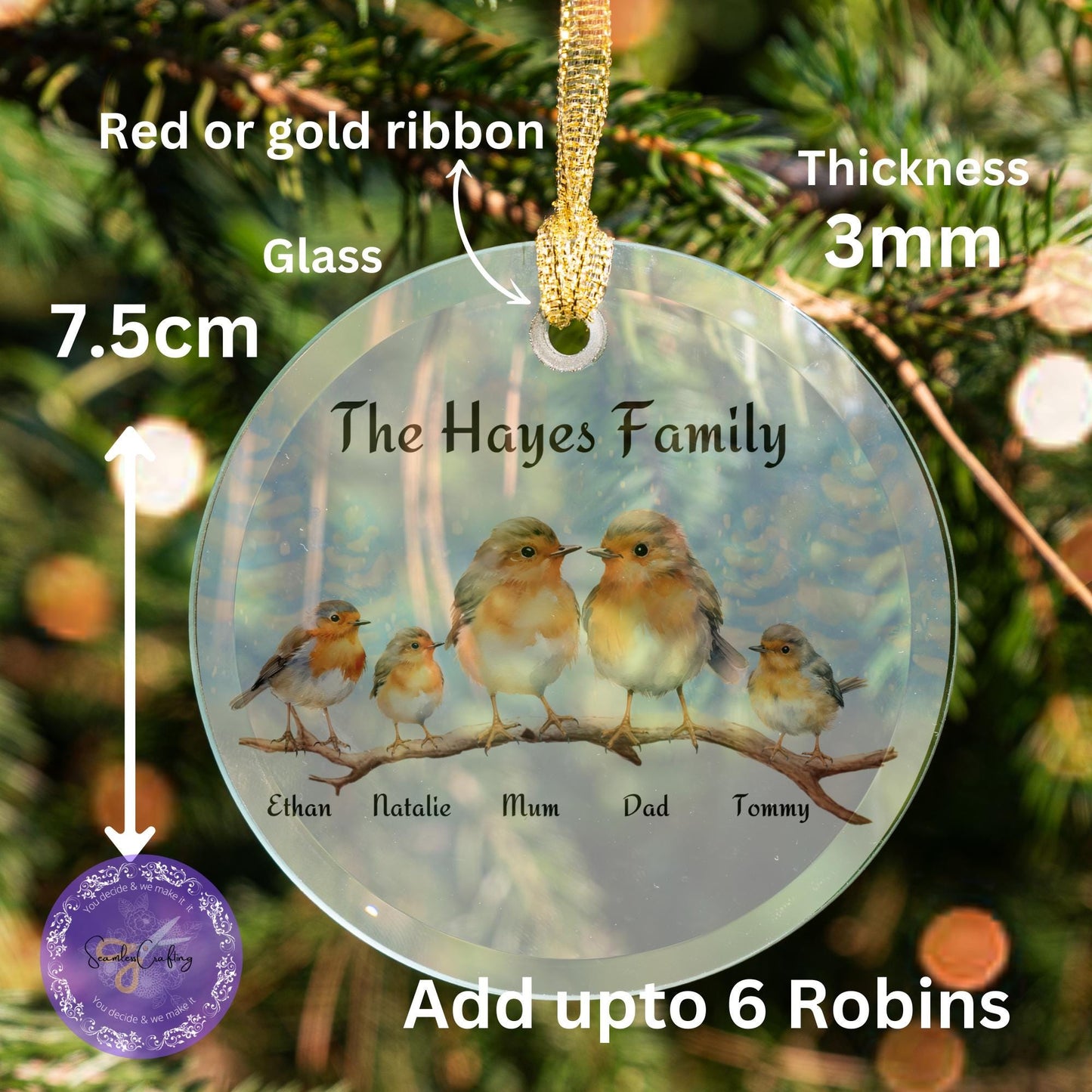 Personalised Robin family clear glass hanging ornament. Christmas gift, Tree decorations present, custom with names, Robin Illustration Deco