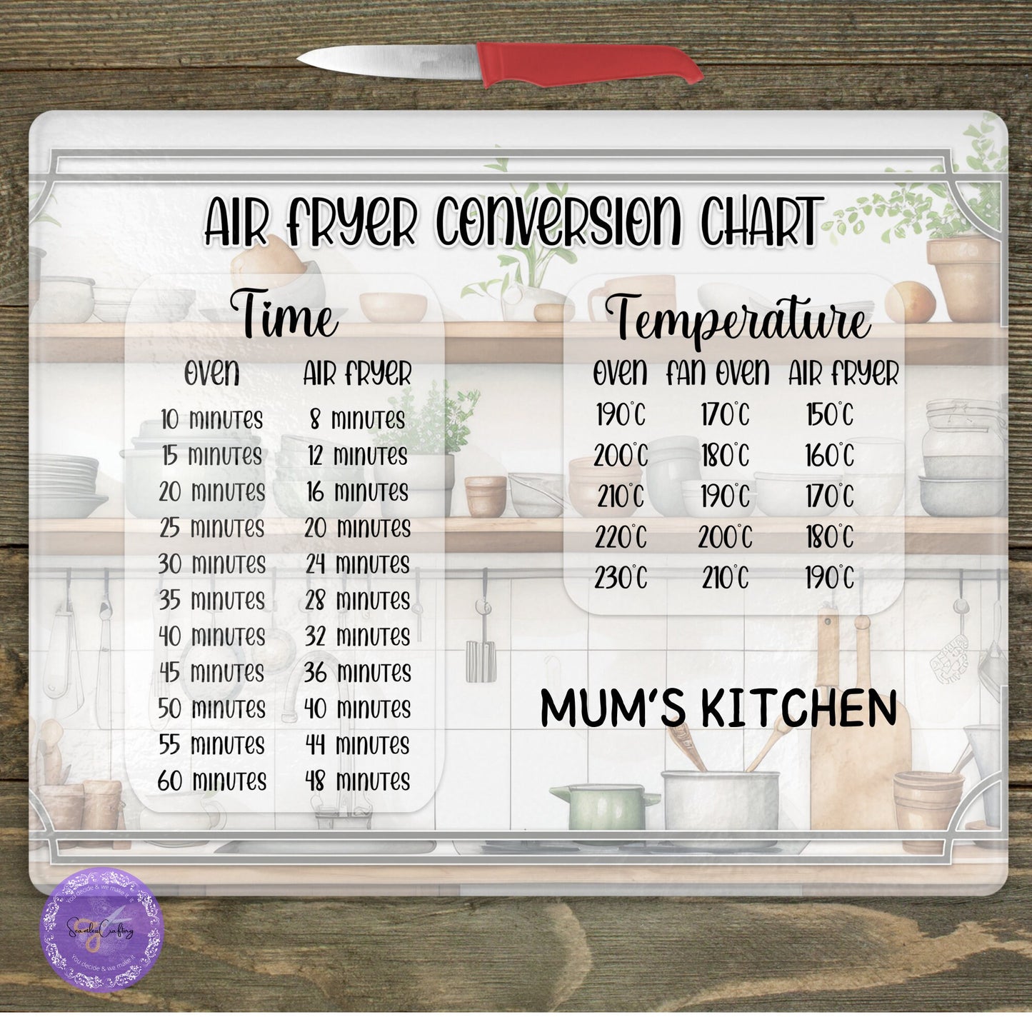 Personalised Glass Air Fryer Conversion Chart, Cooking lover gift, Tampered Glass, Baker, Chef cooking Aid, Customised Board, Birthday Gift