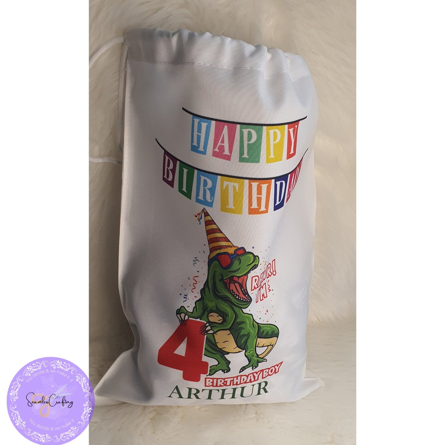 Personalised Name Birthday Gift Sack, Trex Toy Gift Bag, Happy Birthday Bag, Goodie Bag, Present Bag, Toddler, Storage Toy Bag, Unisex Bag