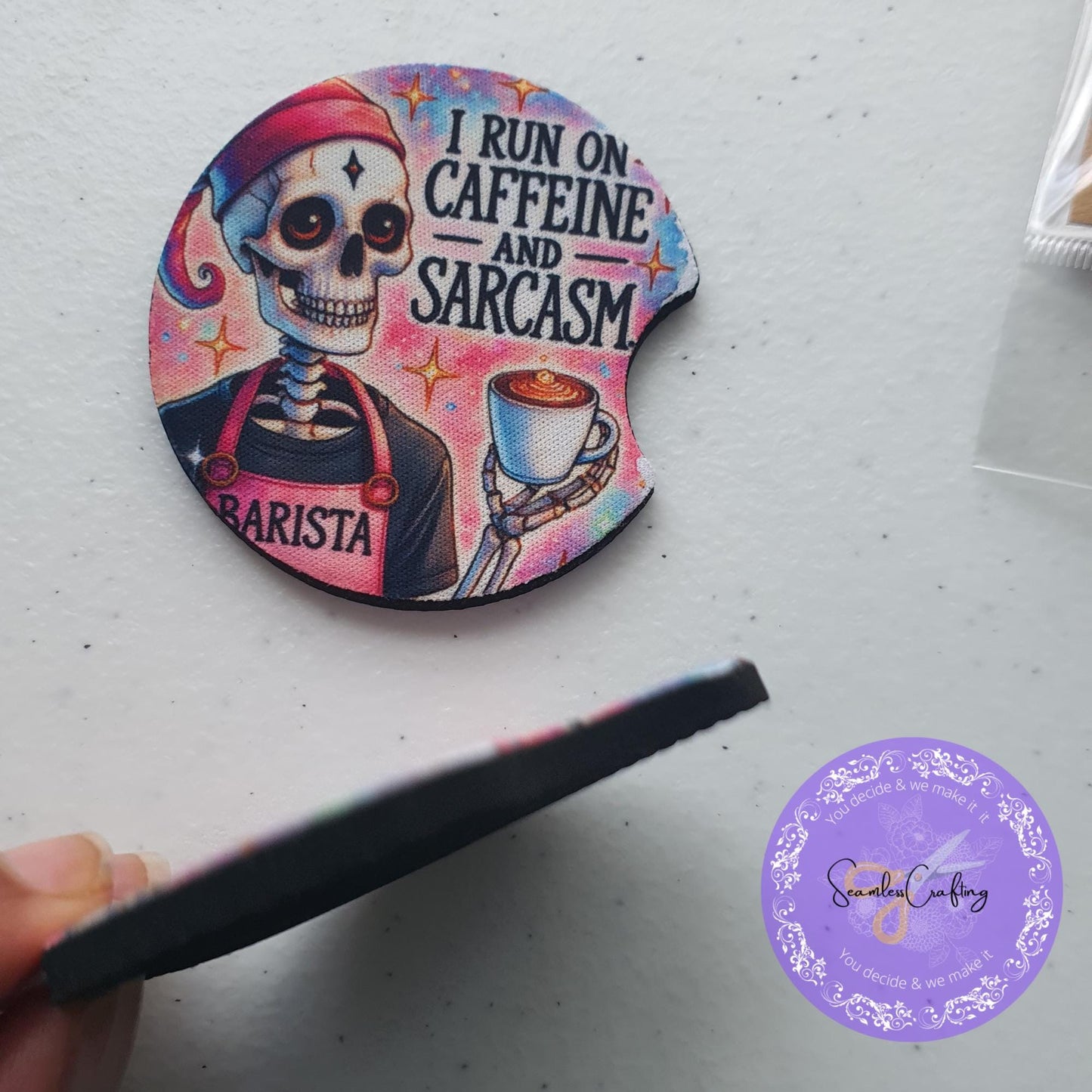 Custom made Car coaster, Car Accessory, Funny Pink Skull, Sarcasm Skull, Set of 2 coasters, I run on Caffeine & sarcasm quote, New Driver