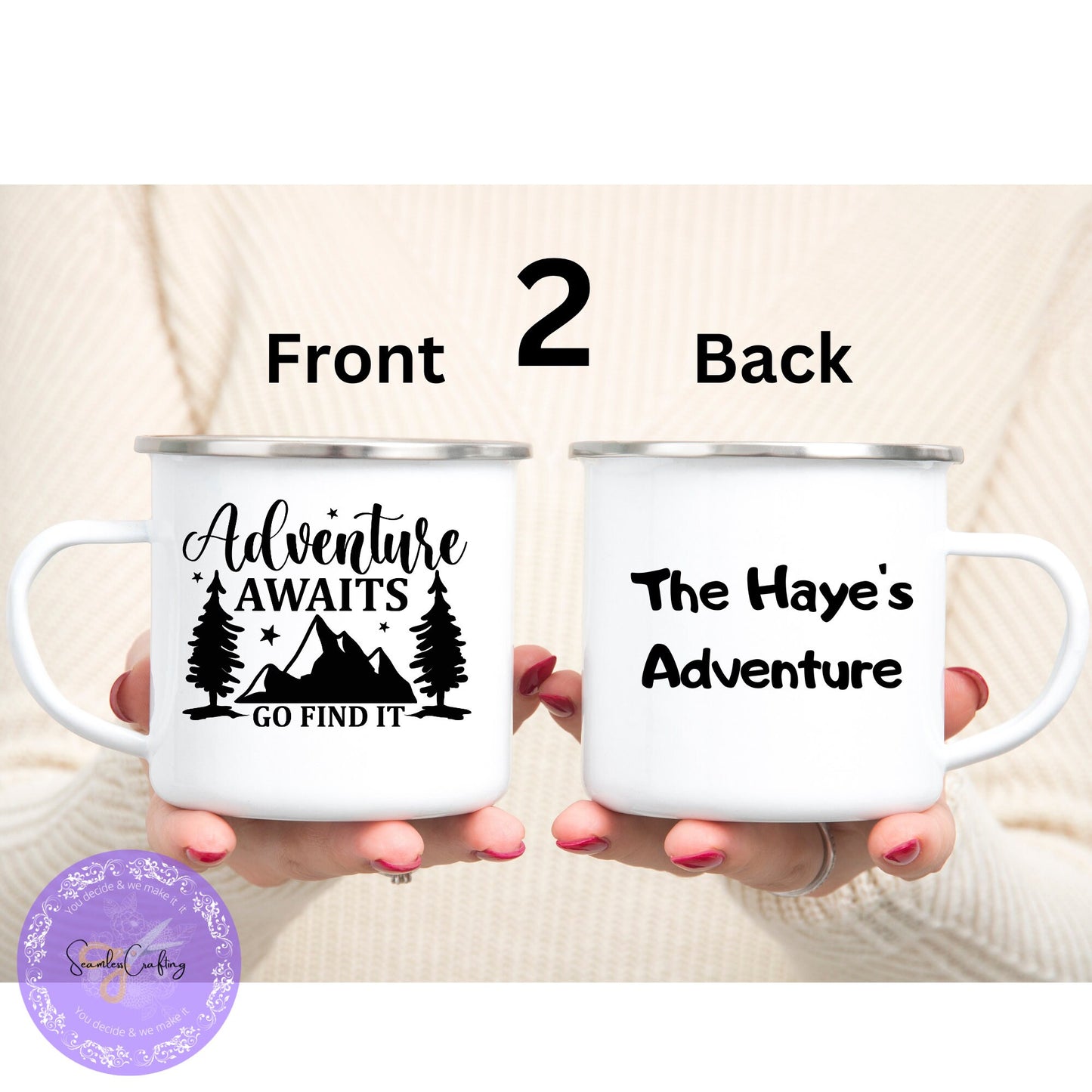 Personlised Adventure Awaits Enamel Mug, Enamel Camping Mug, Campass Camping Mug, Family Camping Gift, Gift For Campervan Lover, Campinglife