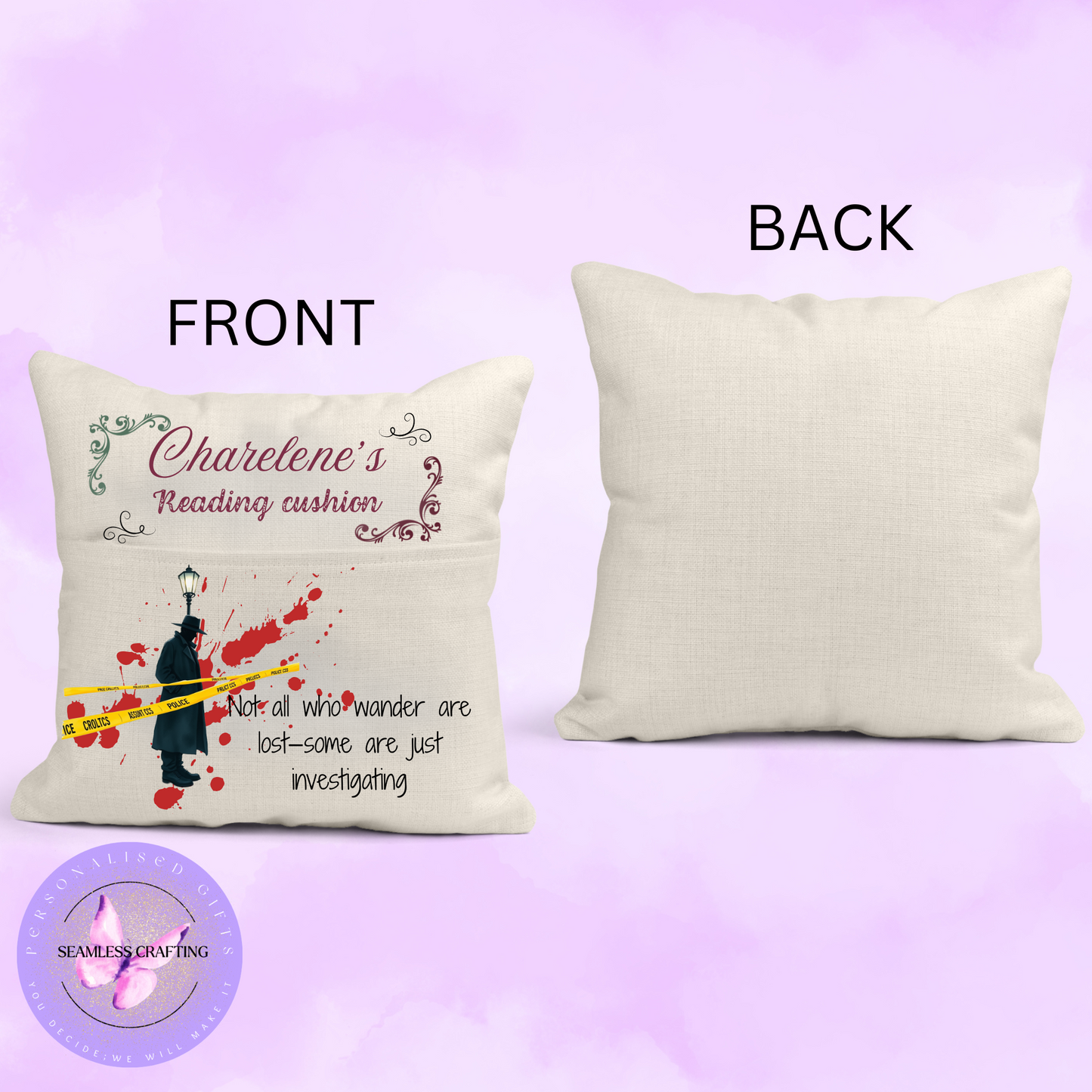 Personalised Crime Lover Cushion – 40x40cm – “Not All Who Wander Are Lost, Some Are Just Investigating” – Detective Graphic with Hidden Zip & Pocket – Gift for Mystery Fans