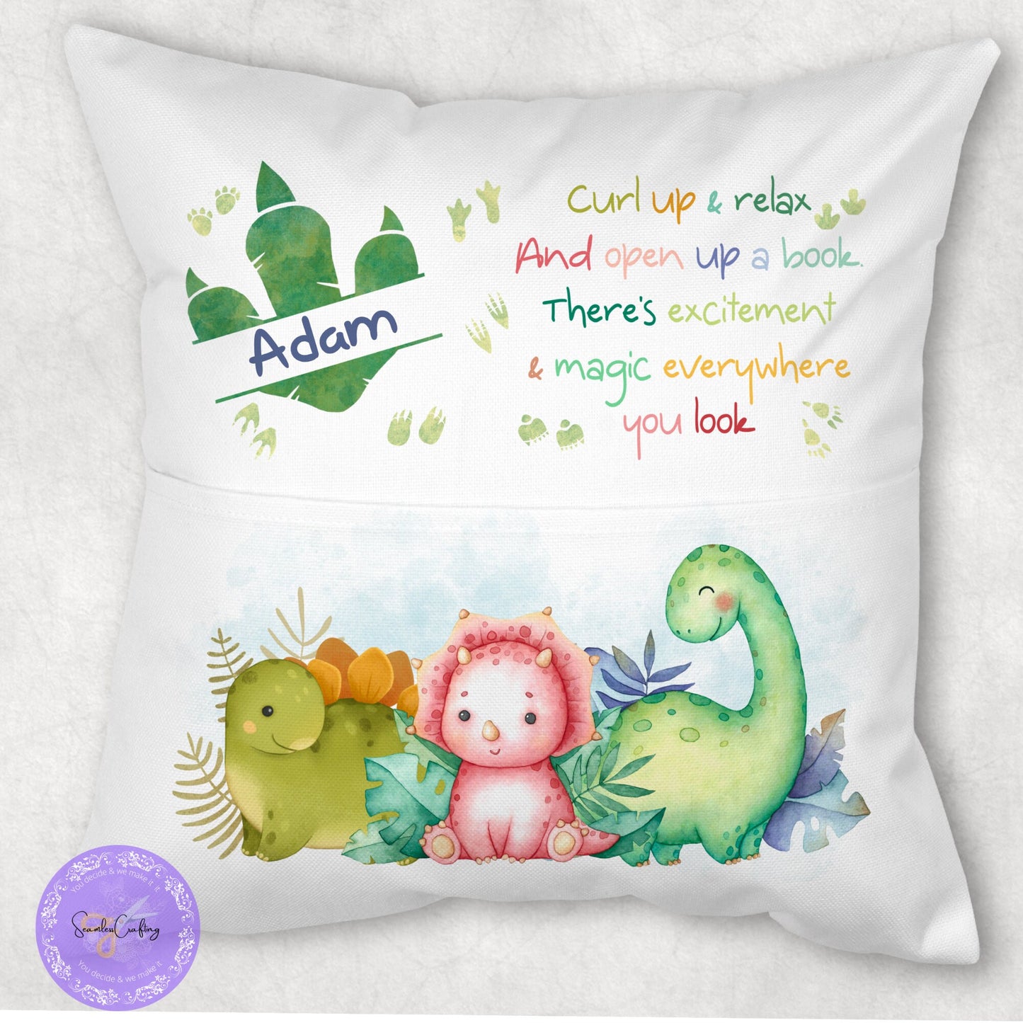 Personalised Dinosaur Pocket Reading Pillow, Customised name Curl up & Relax Cushion,Nursery Gift Pillow, Birthday Gift, First reading gift