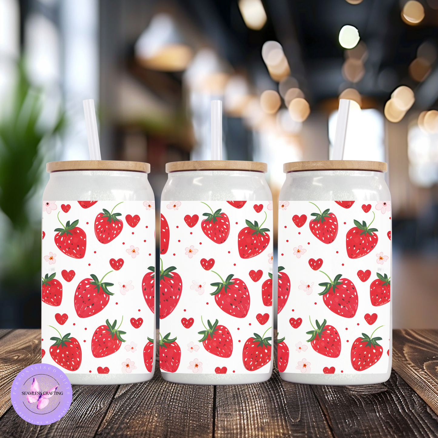 Sweet Strawberry Tumbler or Shimmer Glass Cup – 15oz / 20oz Stainless Steel or 16oz Libbey Glass – Summer Fruit Drinkware with Straw & Lid
