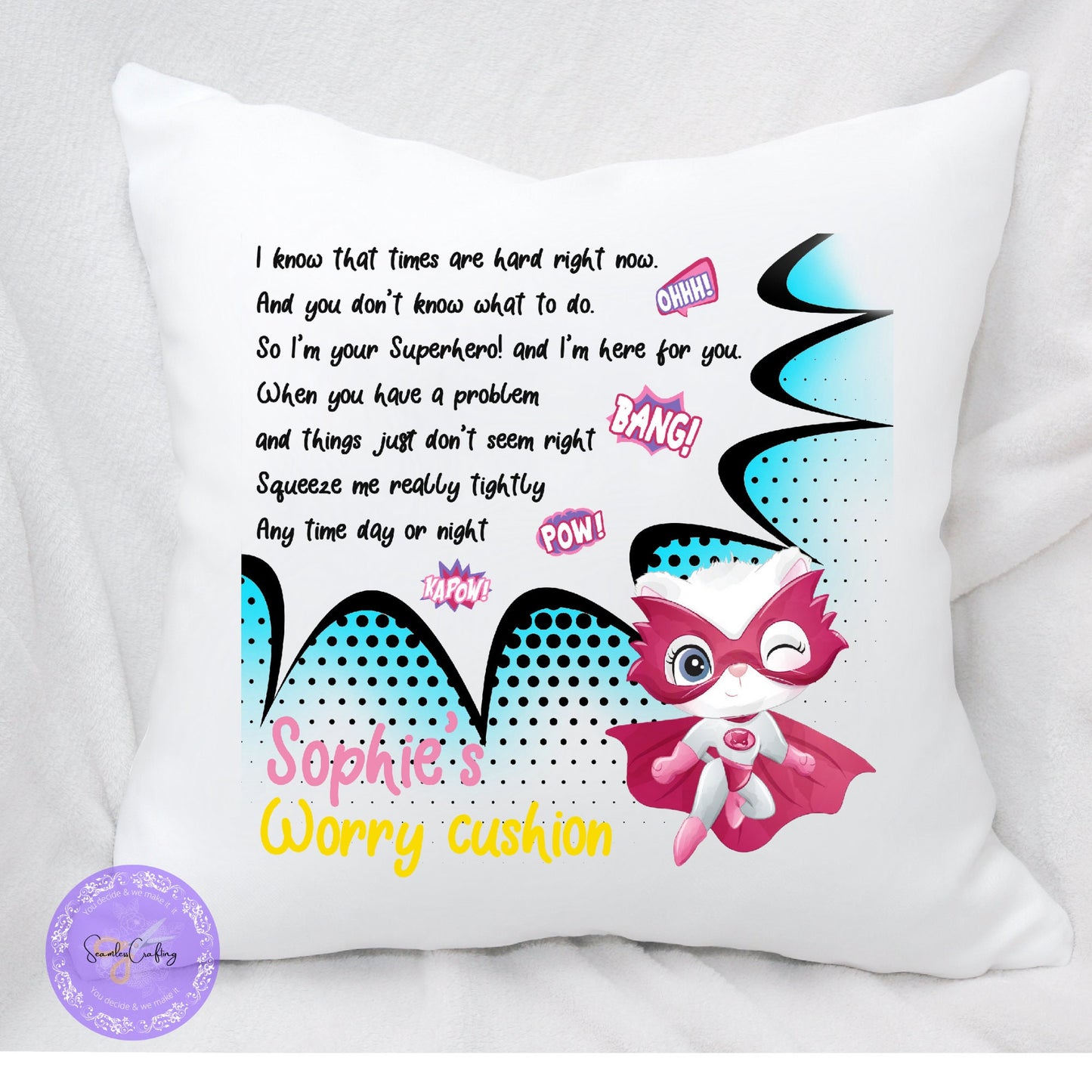 Personalised kids Superhero Cushion, Worry Comforter Soft pillow, Gift bedroom boys and girls, I know times are hard, Bad Dreams Comforter