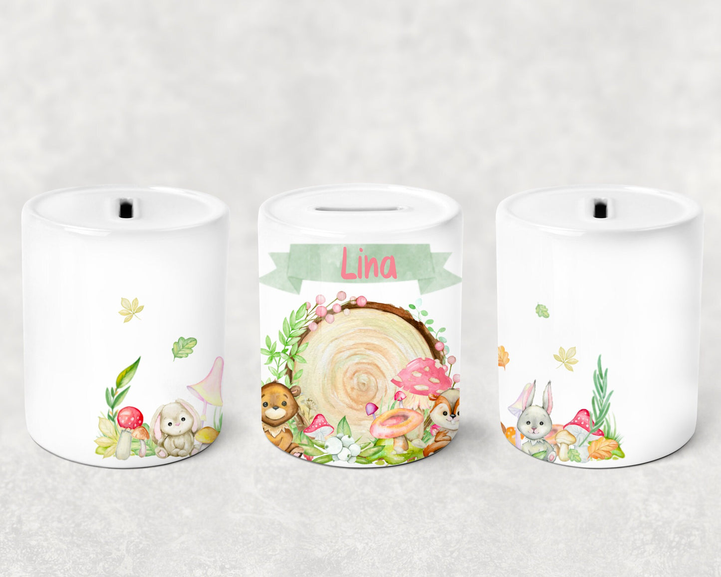 Personalised Pink Animal Forest Money box for girls & boys, Piggy Bank for kids with names, Money Tin, Saving Jar coins, Nursing Decor