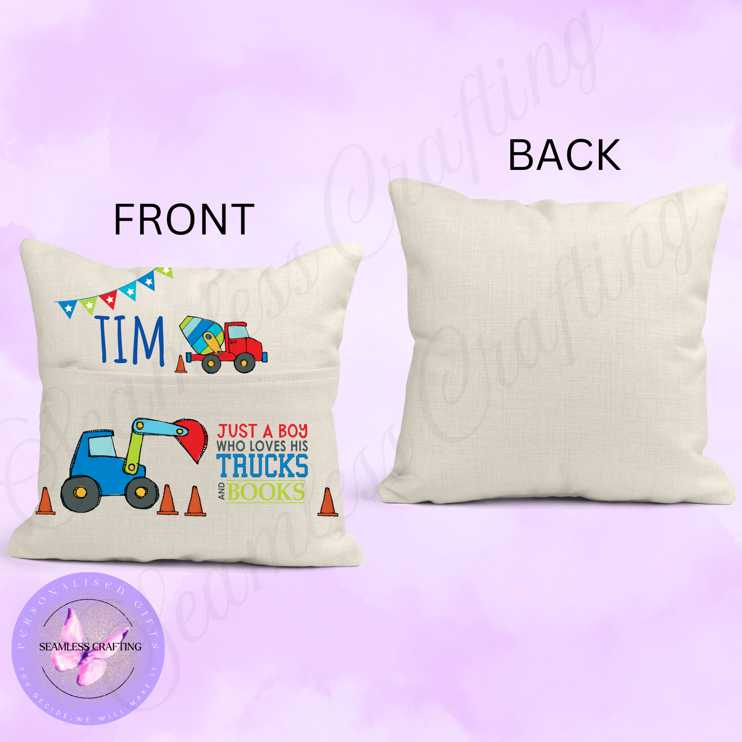 Personalised Boys Reading Cushion – Custom Name Trucks and Books Pillow with Pocket – Storytime Cushion for Kids Bedroom