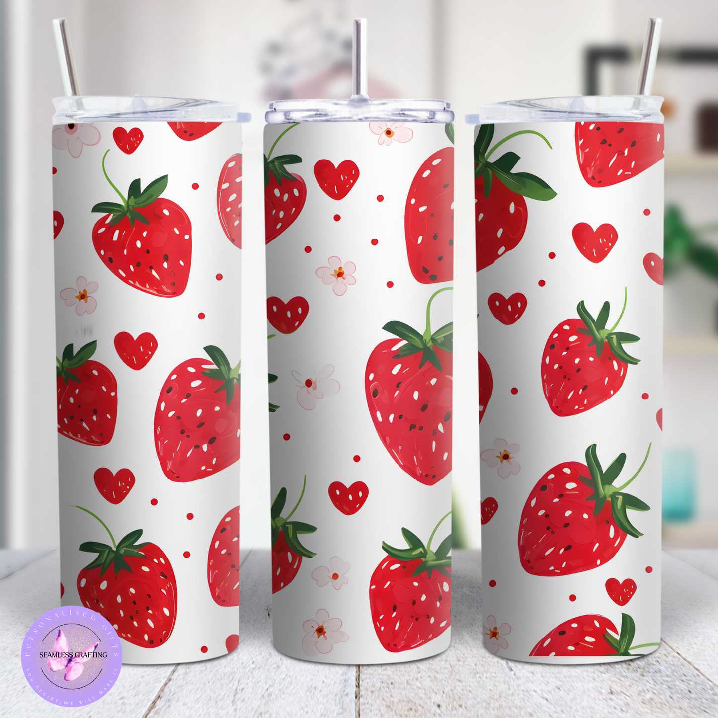 Sweet Strawberry Tumbler or Shimmer Glass Cup – 15oz / 20oz Stainless Steel or 16oz Libbey Glass – Summer Fruit Drinkware with Straw & Lid
