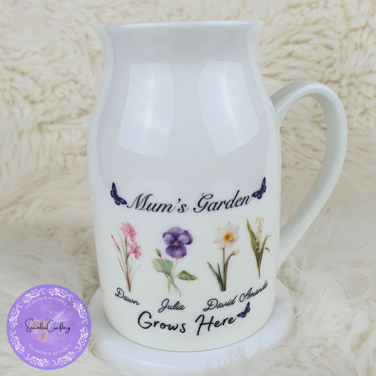 Personalised Mum's Nana's garden grows here, Ceramic Jug, Flower vase, Custom Floral names,