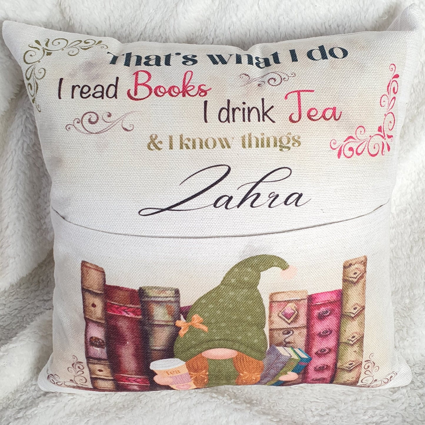 Personalised Gnome Pocket Reading Book Cushion, That's what I do cushion gifts, tea and loving reading pillow, Bedroom Decor, Unique Cushion