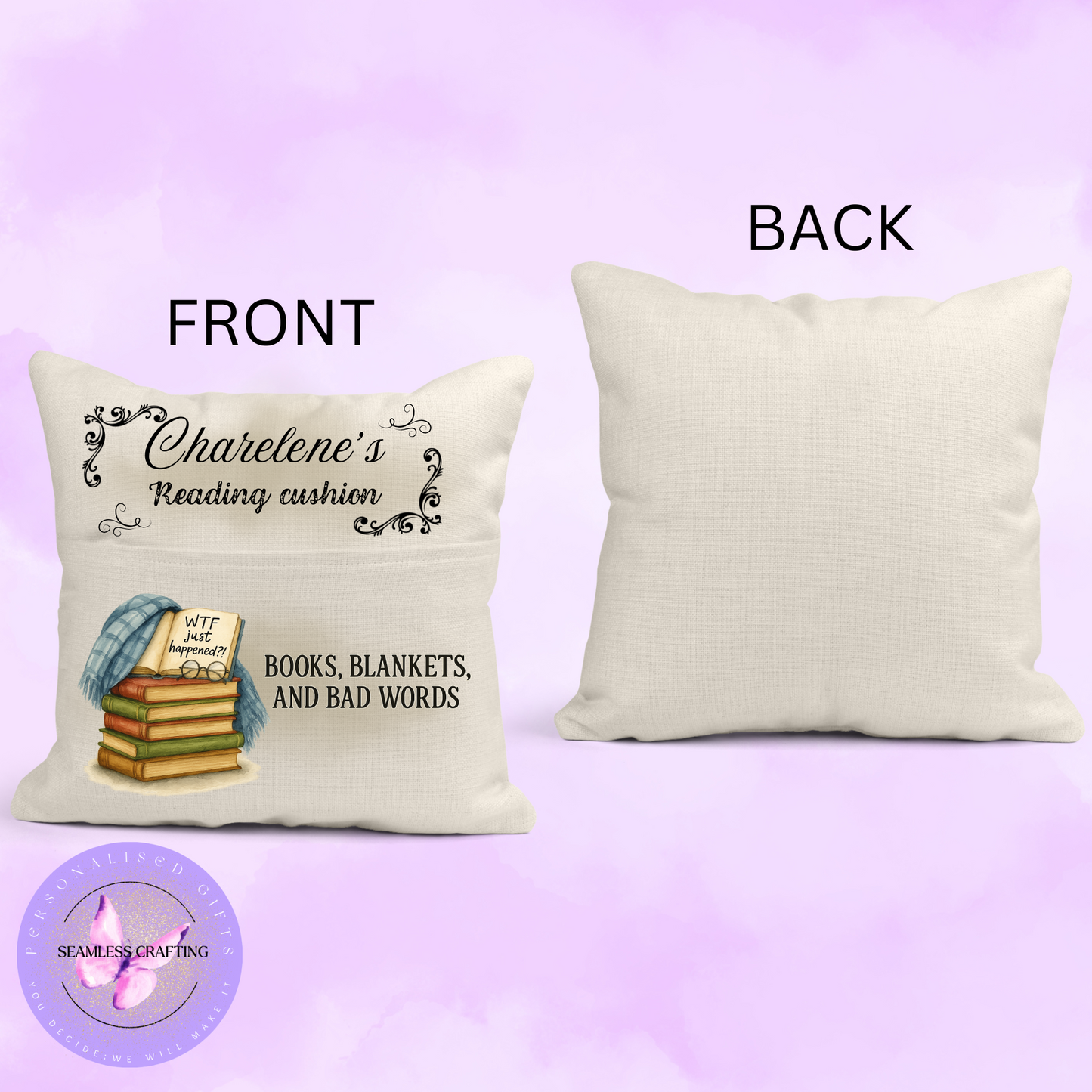 Personalised “BOOKS, BLANKETS AND BAD WORDS” Cushion – 40x40cm with Hidden Zip & Pocket – Funny Gift for Book Lovers & Reading Nooks