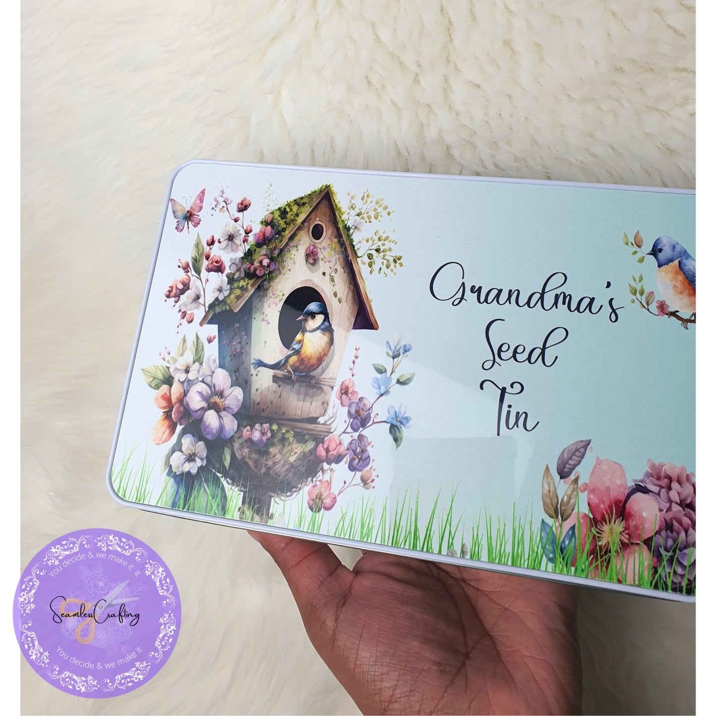 Personalised Bird Seed Tin, Novelty Metal Tin, add any text, Seed Storage, Gift for Her, him, Gardening Gift, Aluminium Tin, Bird Lover Gift