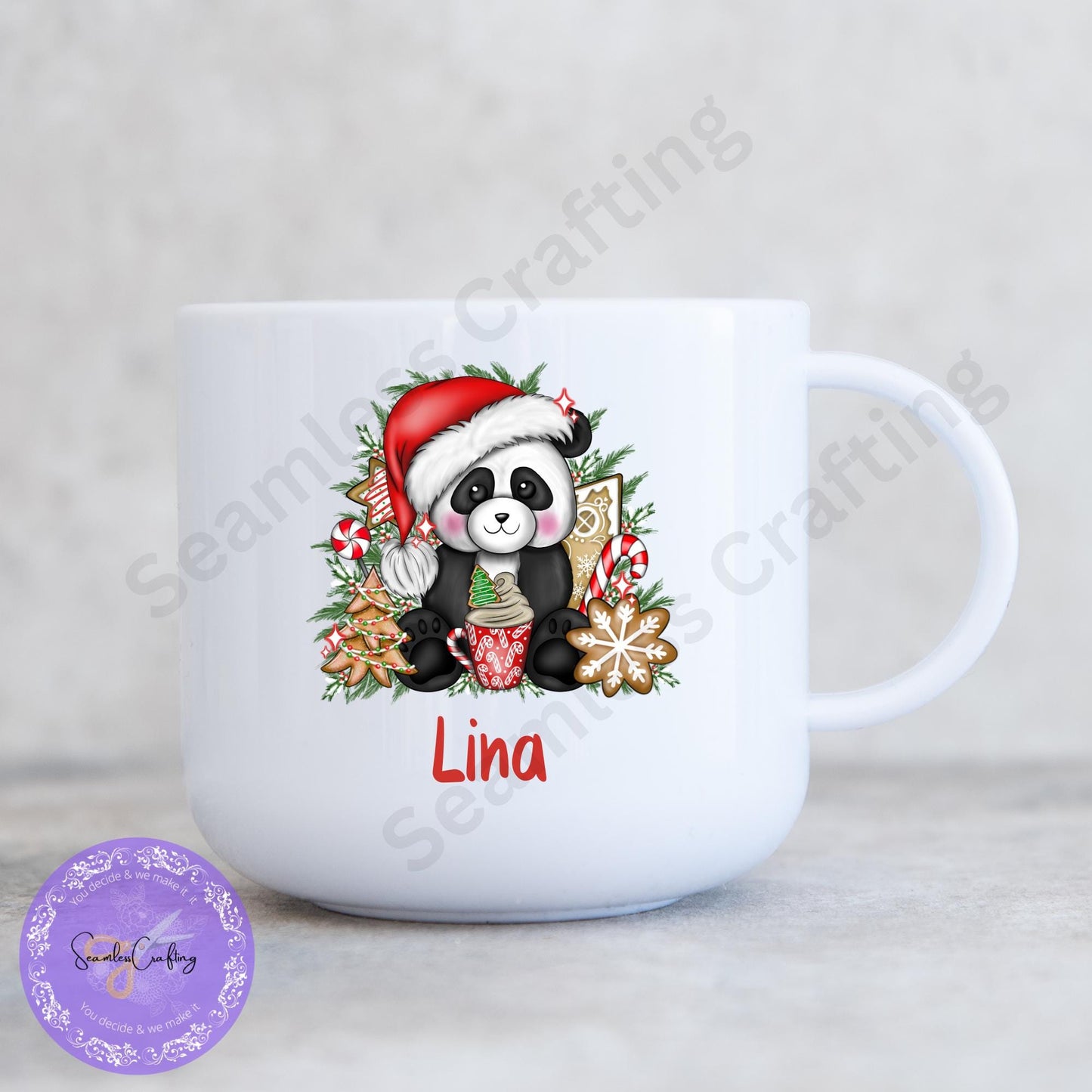 Personalised Christmas Panda, Children's unbreakable cup, 6 0z &12 oz Christmas movie mug, Hot chocolate mug, Pink, Red Panda, Add any name
