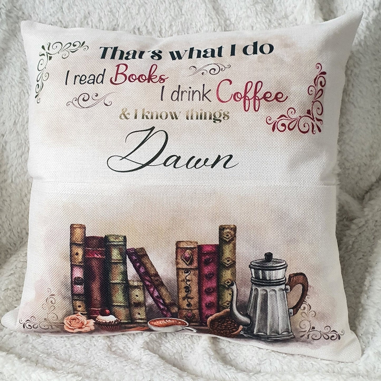 Personalised Pocket Reading Book Cushion, That's what I do cushion gifts, tea and loving reading pillow, Bedroom Decor, Unique Cushion