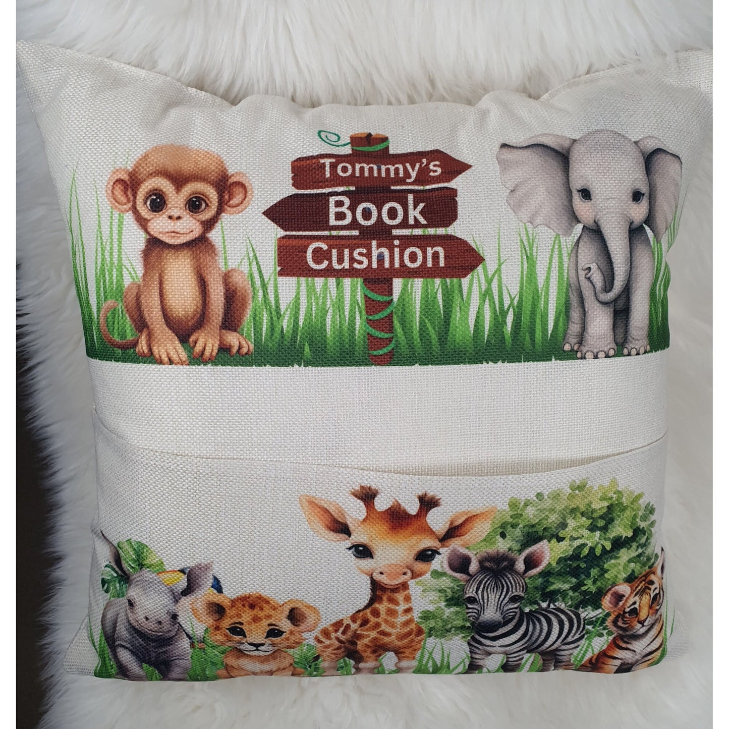 Personalised Safari Jungle Book Cushion, Animal Zoo Pillow, Pocketbook cushion Lion, Wild Animals book holder Gift, Zebra, Monkey, Elephant
