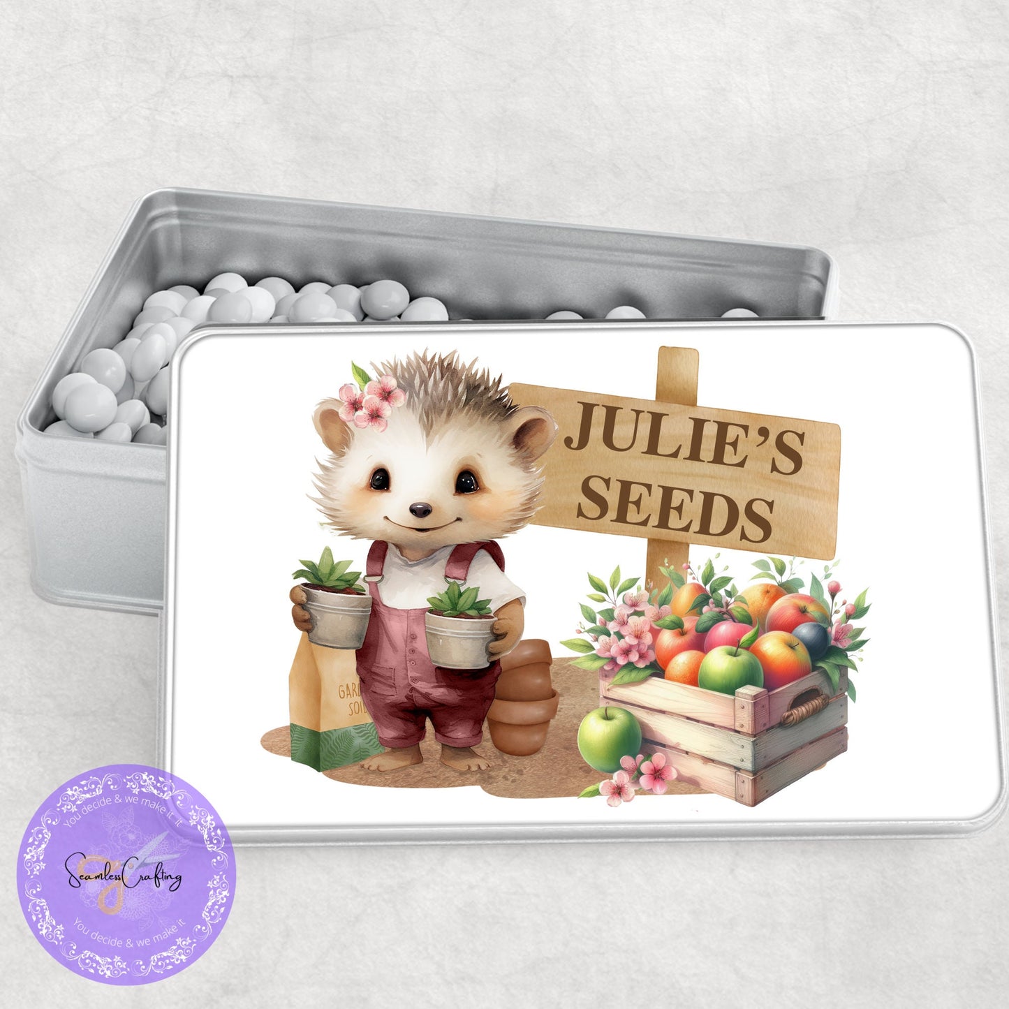 Personalised Hedgehog Gardening Seeds Tin, Garden Seed Storage, Add any name or text, Aluminium metal allotment keepsake, seed kit box