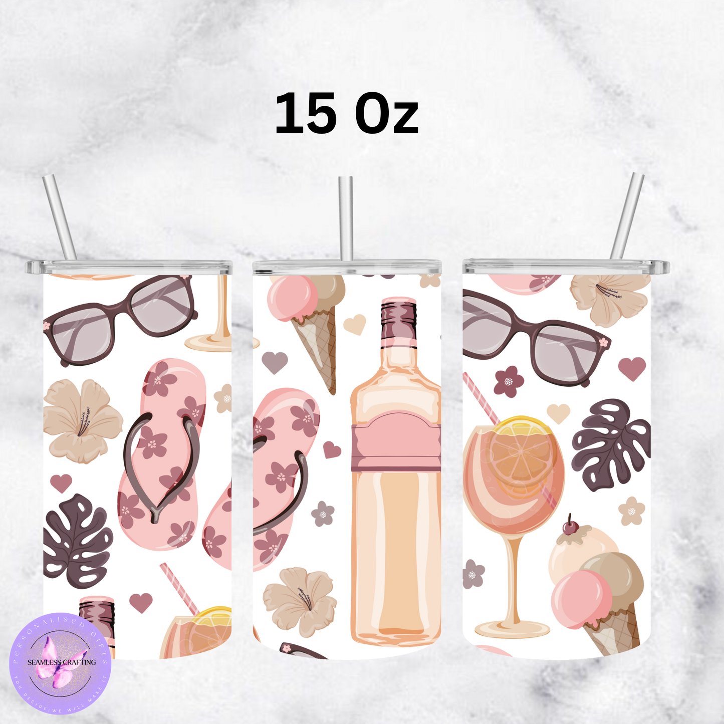 Personalised Gin Tumbler – 15oz or 20oz Stainless Steel – 4 Gin-Themed Designs – Custom Summer Cocktail Cup with Metal Straw