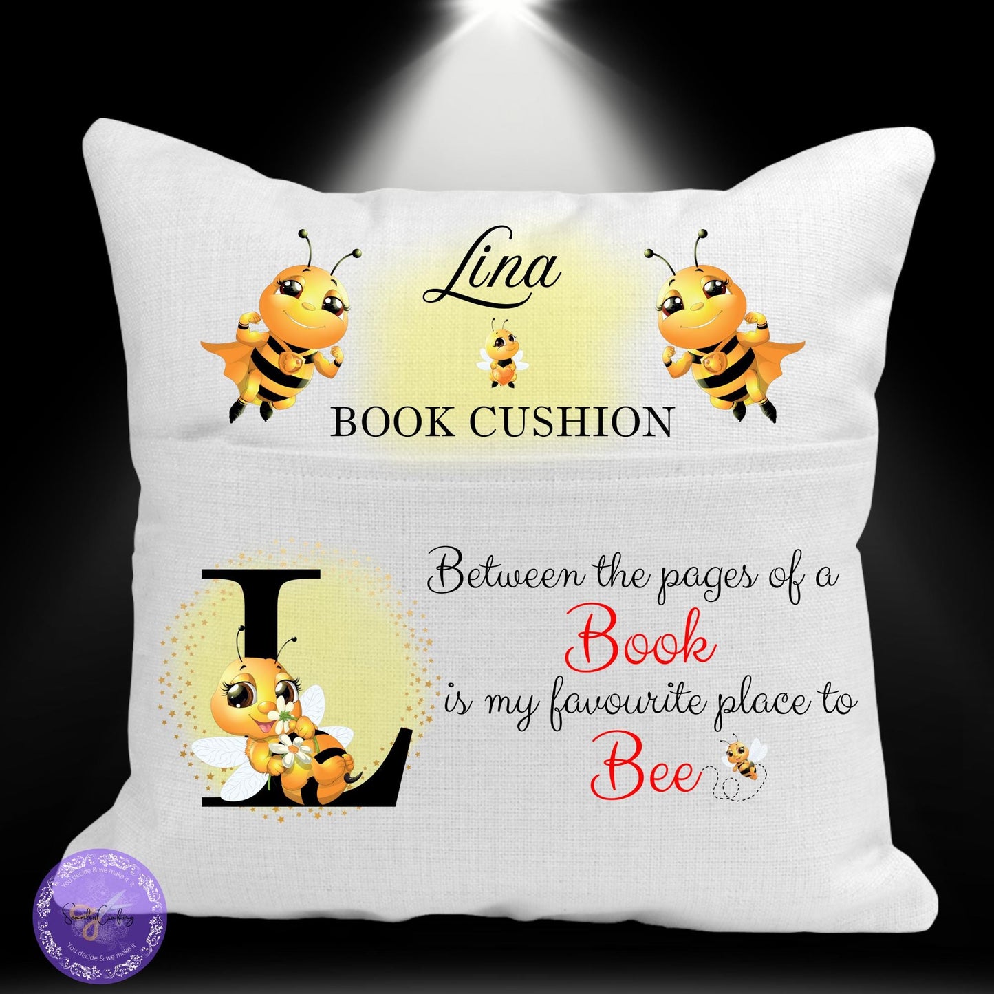 Personalised Bee Reading Cushion, Storytime Pillow, Reading Pocket cushion, Bedroom nursery decor, Booklover gifts, Canvas Linen Cushion