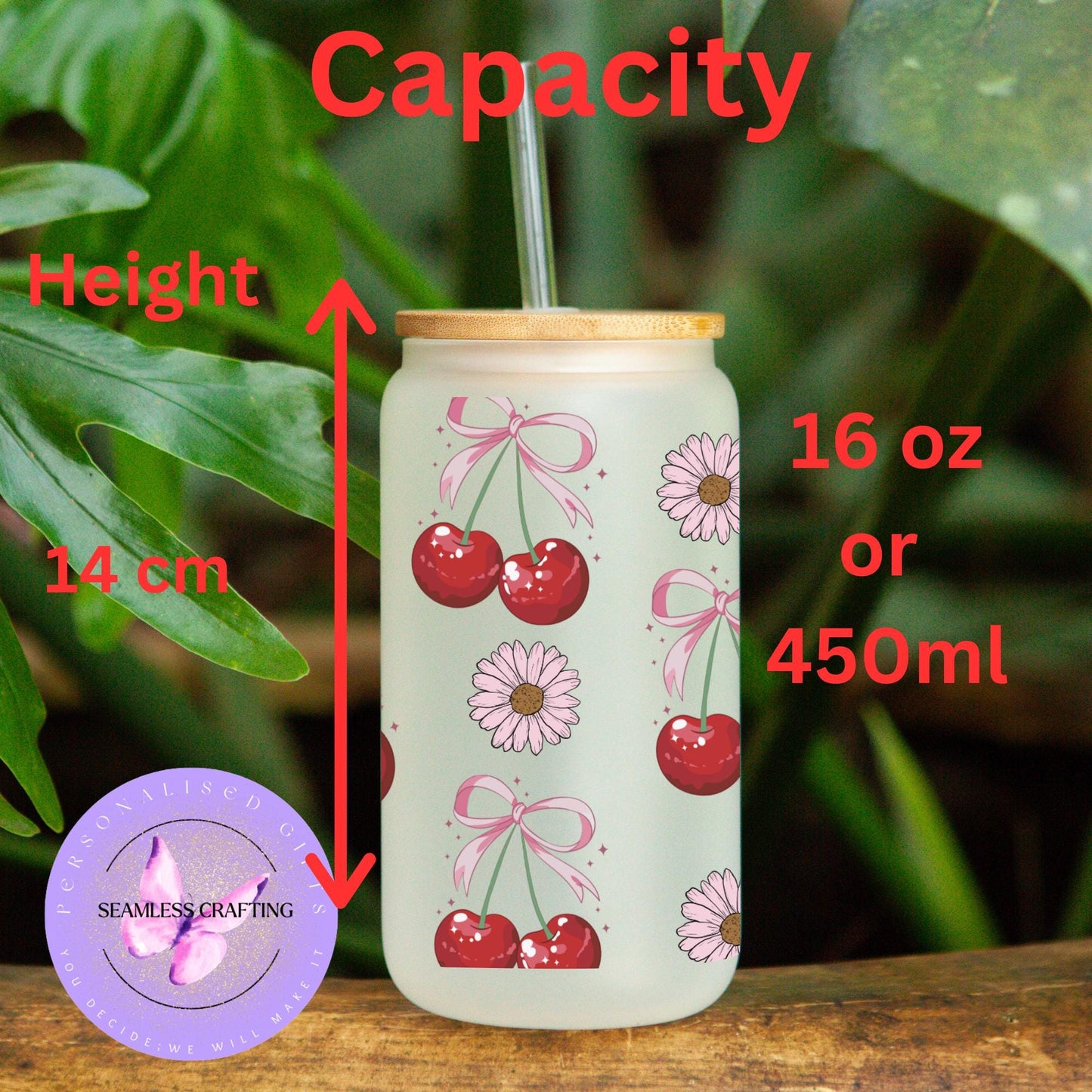 Personalised Cherry Conquette glass cup with lid & strew, Iced coffee mug, summer drink set reusable 16 oz can glass, Tumble cup custom made