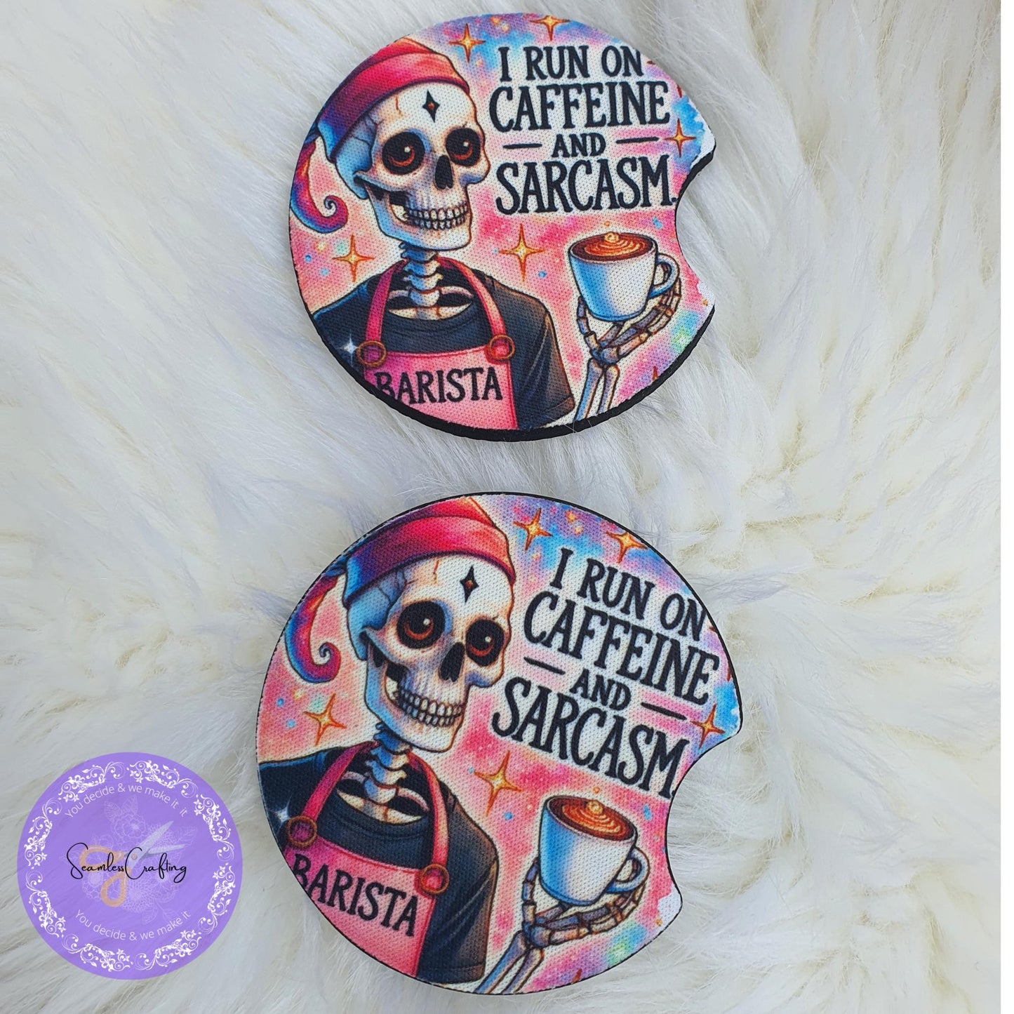 Custom made Car coaster, Car Accessory, Funny Pink Skull, Sarcasm Skull, Set of 2 coasters, I run on Caffeine & sarcasm quote, New Driver