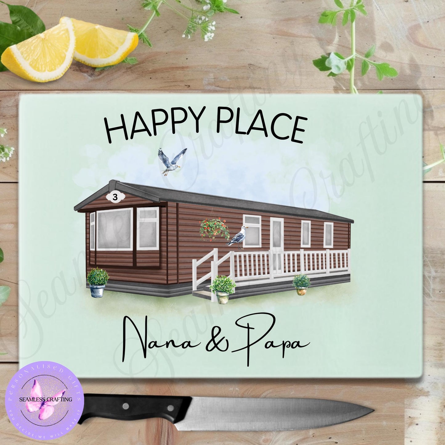 Personalised Static Caravan chopping board gift, Custom any text & names, Campervan holiday gift, Static owners presents, New home gift