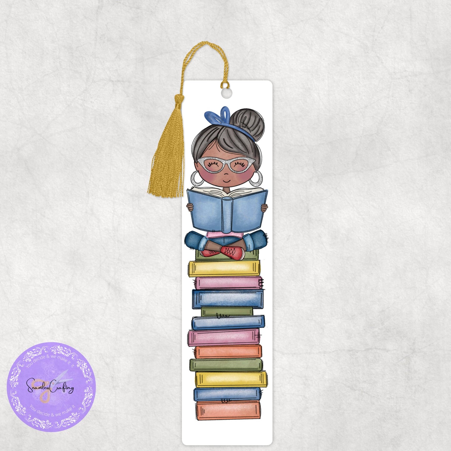Personalised little Girl sitting on stack of books, add any name, Character page marker, gift for girl, choose hair colour & skin tone