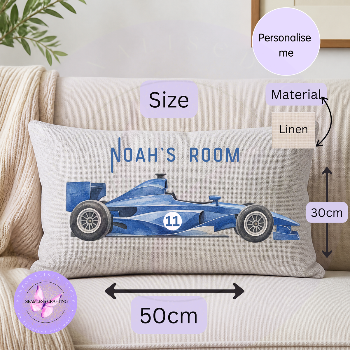 Personalised Formula style racing car cushion with custom name for motorsport fan