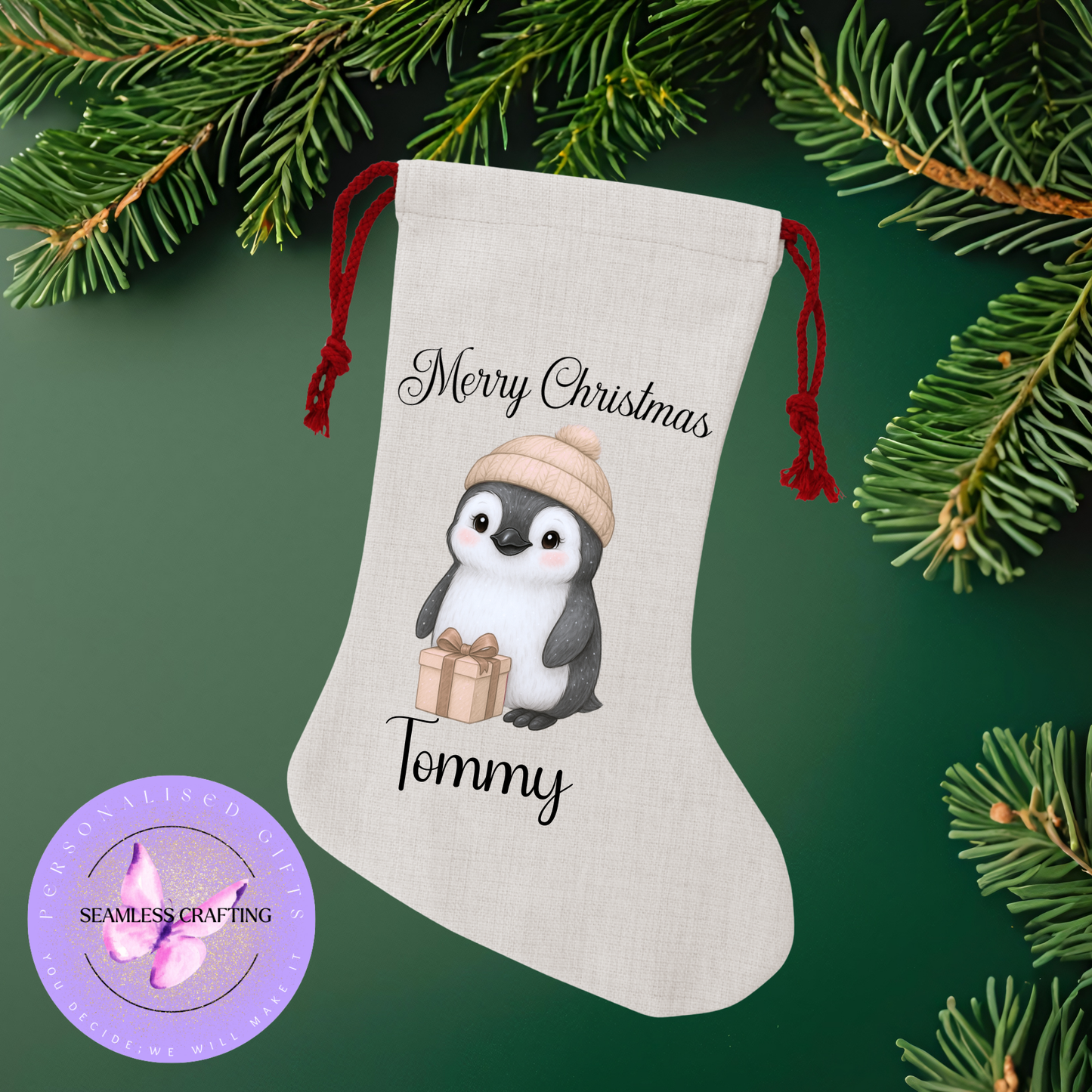 Personalised Christmas Stocking with Penguin Design – Custom Name Linen Canvas Sack – Green or Gold Penguin Xmas Gift Bag – Cute Holiday Fireplace Decoration