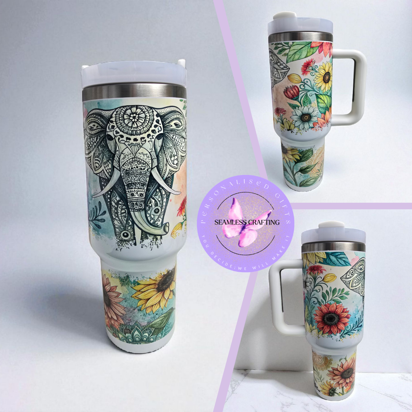 Personalised 40oz Mandala Elephant Tumbler with Handle & Straw – Floral Boho Travel Mug
