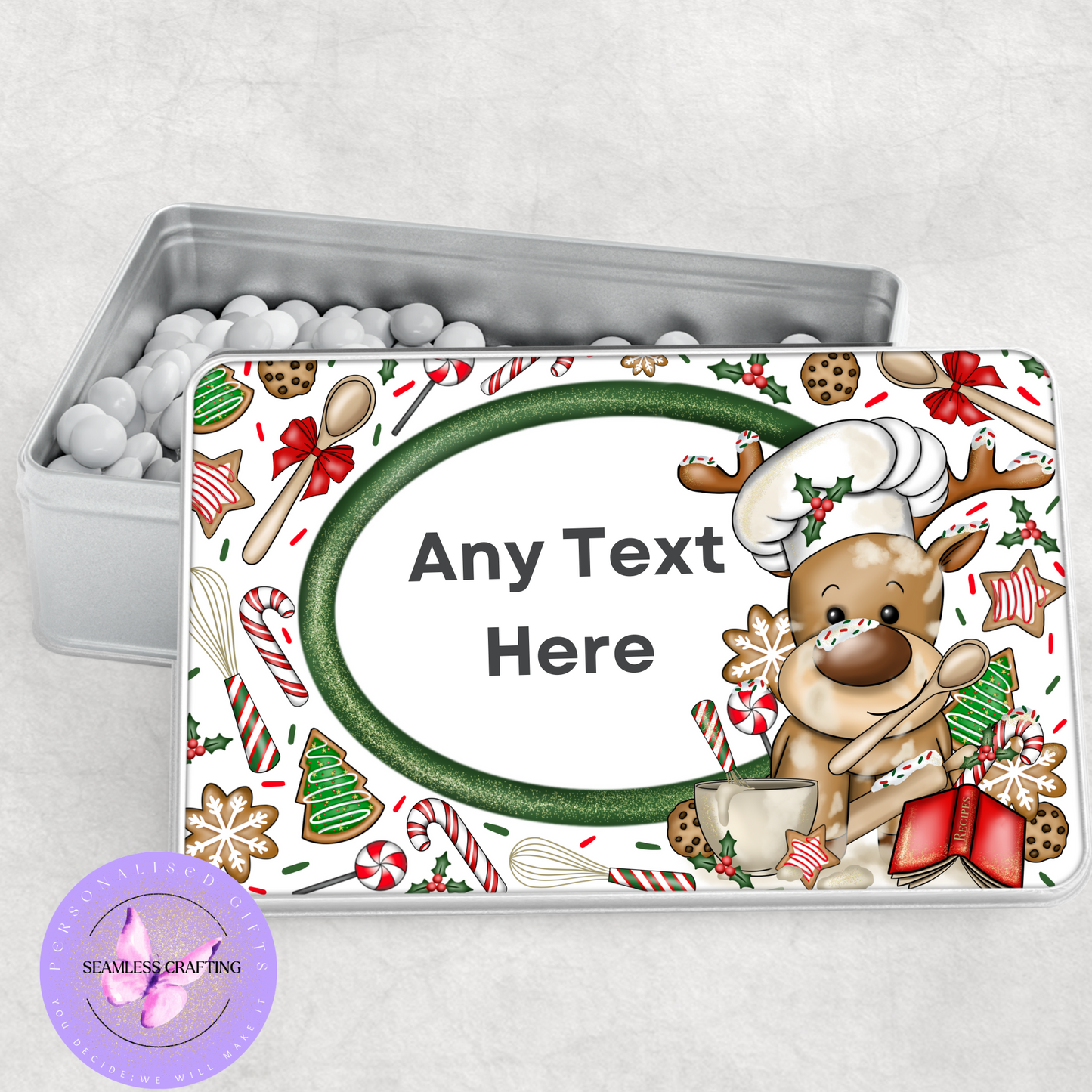 Personalised Christmas Snack Tin – Custom Reindeer Treats & Cookie Storage Box