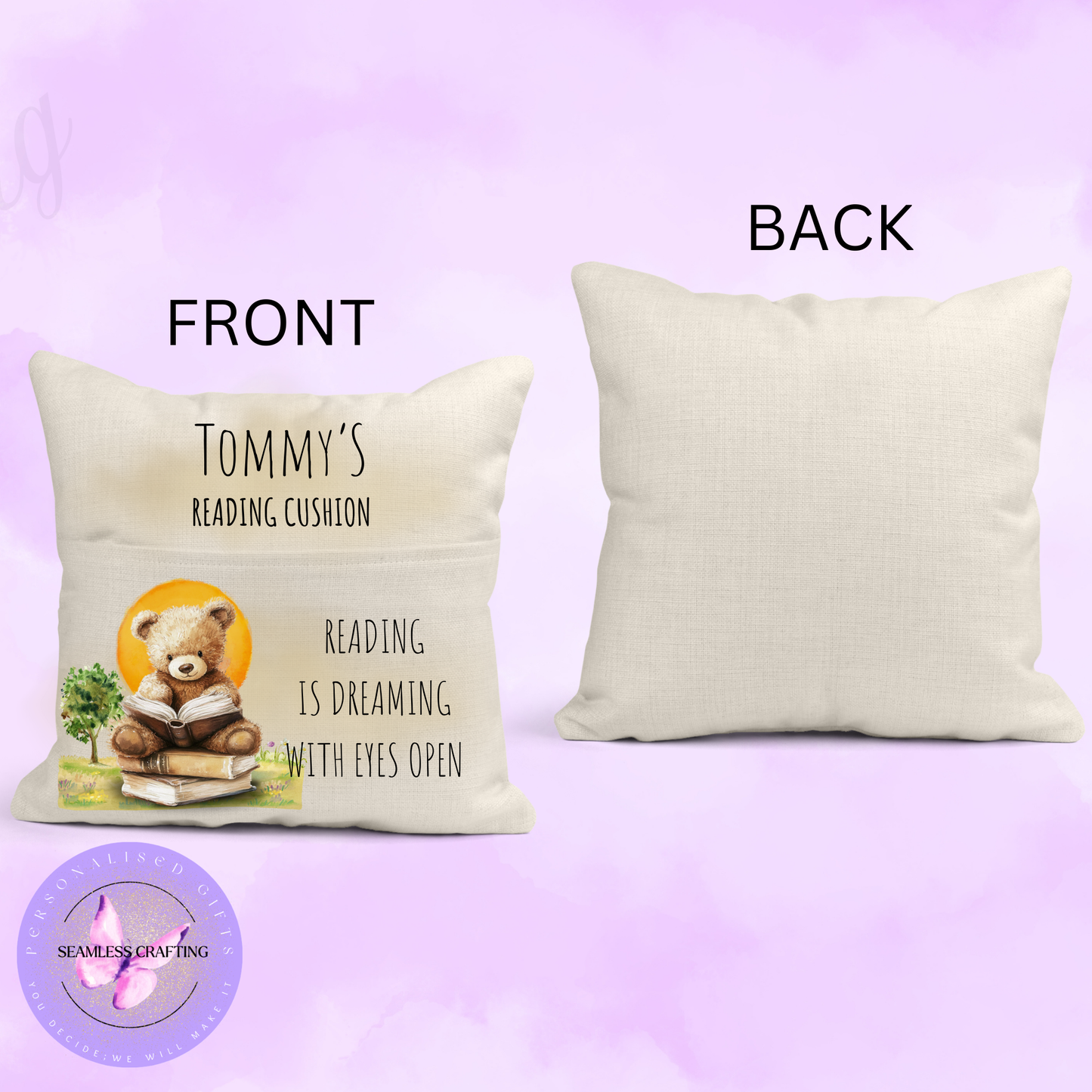 Personalised Kids Reading Cushion with Pocket | Custom Name Linen Cushion for Book Lovers