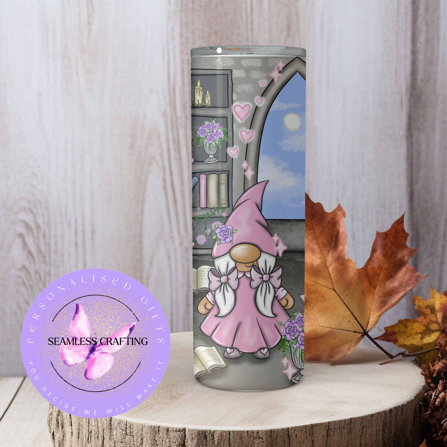 Custom Book Lover 20oz Tumbler – Pink Fantasy Gnome Design with Straw & Cleaner